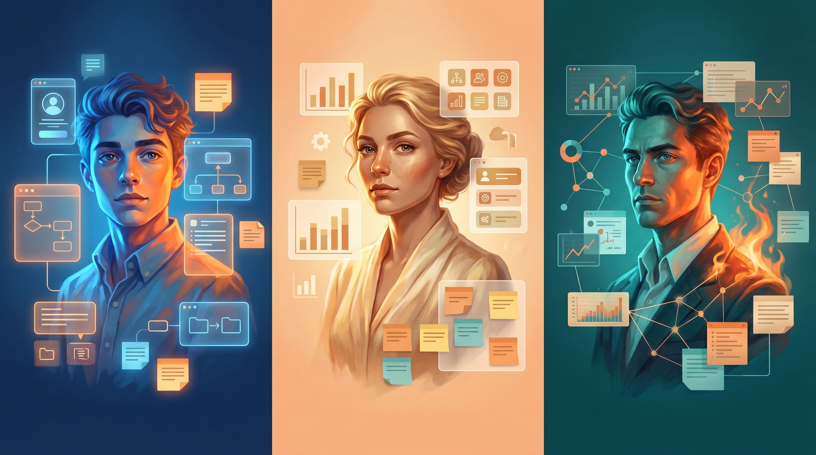 split-screen image showing three distinct customer personas as stylized portraits, each surrounded b