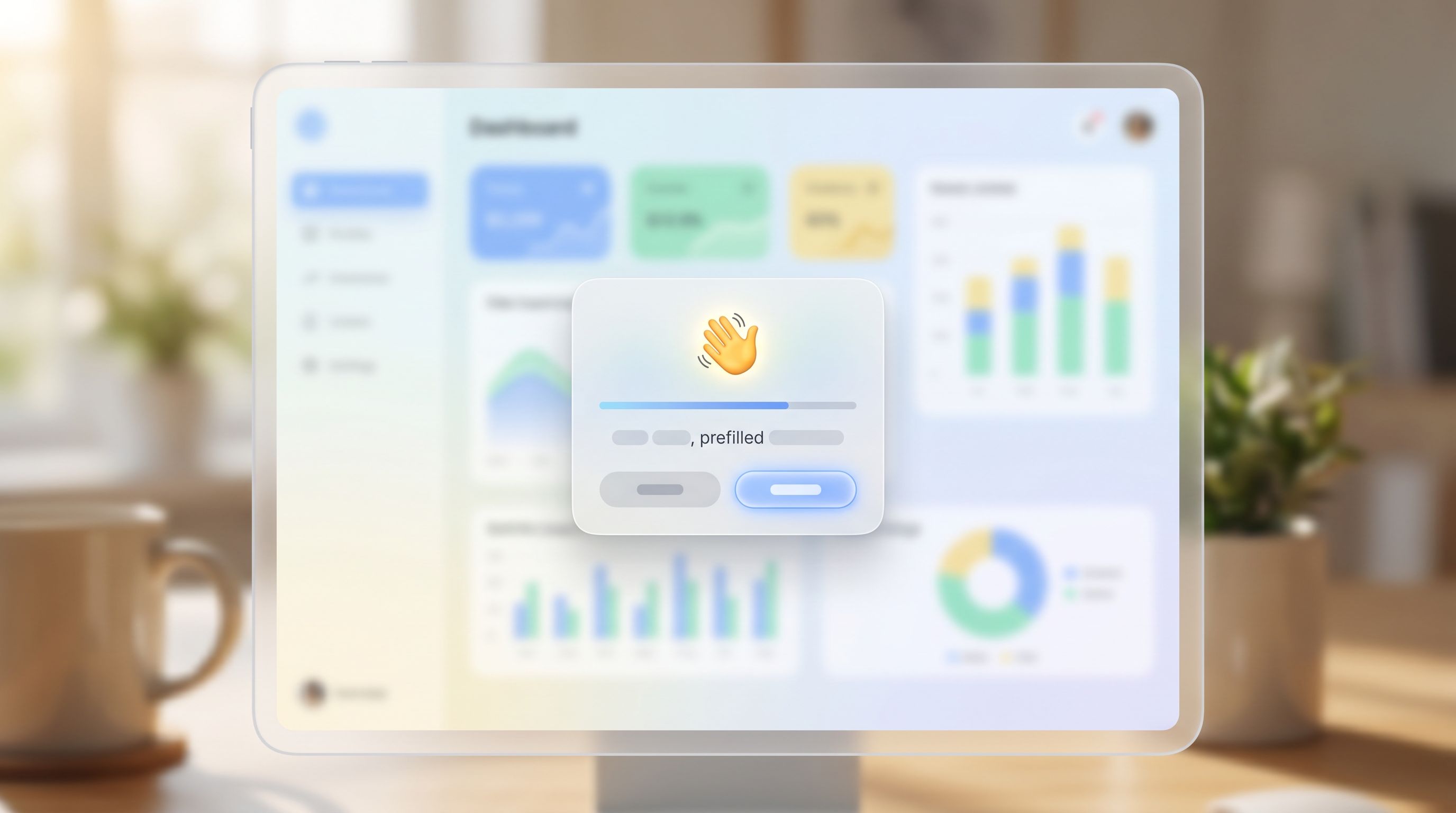 close-up of a modern SaaS dashboard with a subtle, friendly pop-up asking one personalized question