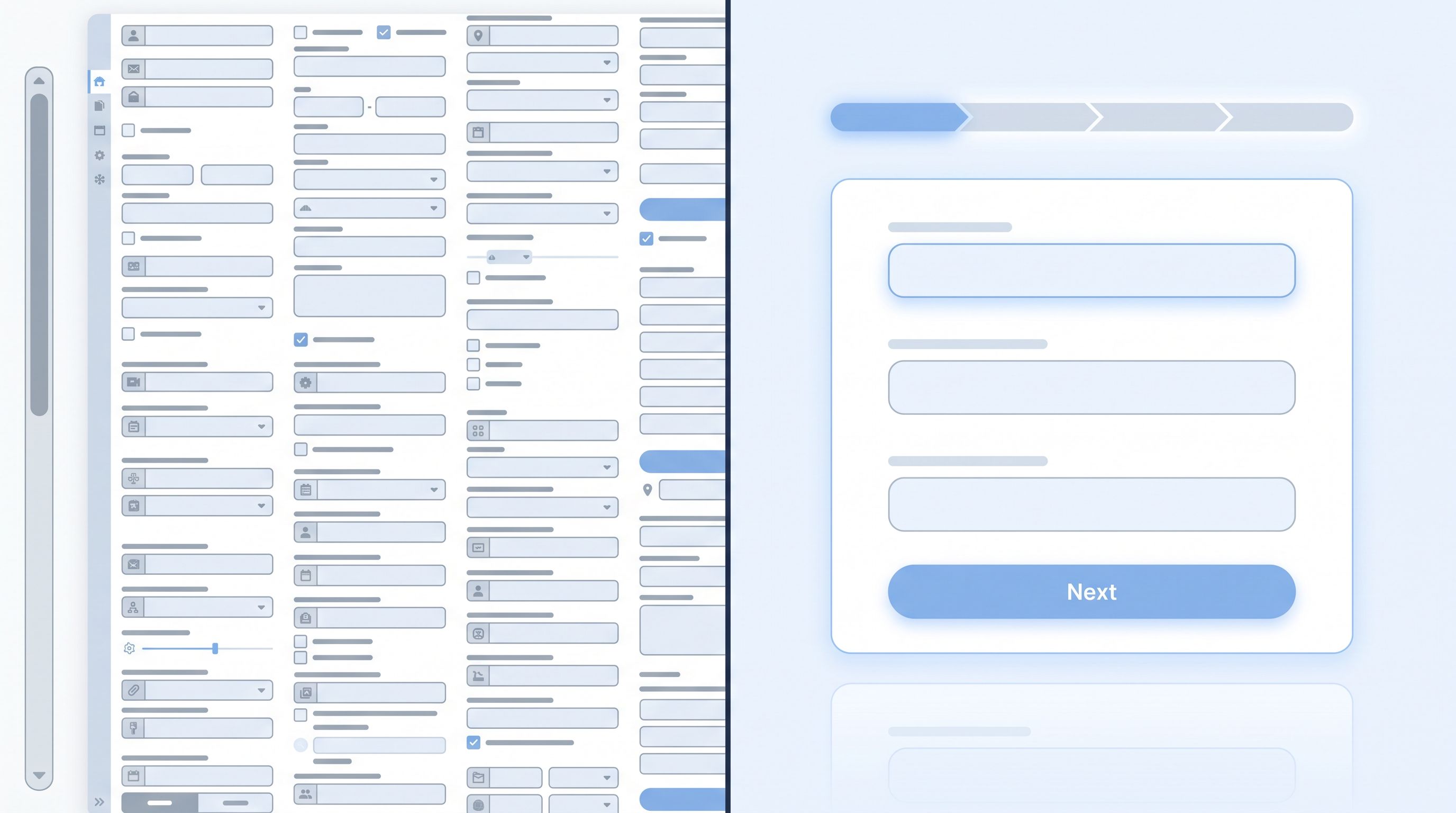 split-screen illustration of a cluttered, overwhelming one-page form on the left and a calm, multi-s