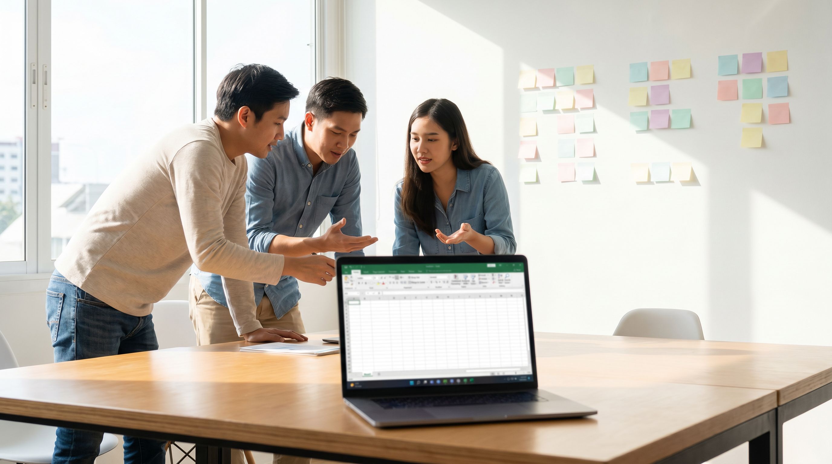 a clean, modern workspace with a laptop showing a structured Google Sheet of form submissions, stick