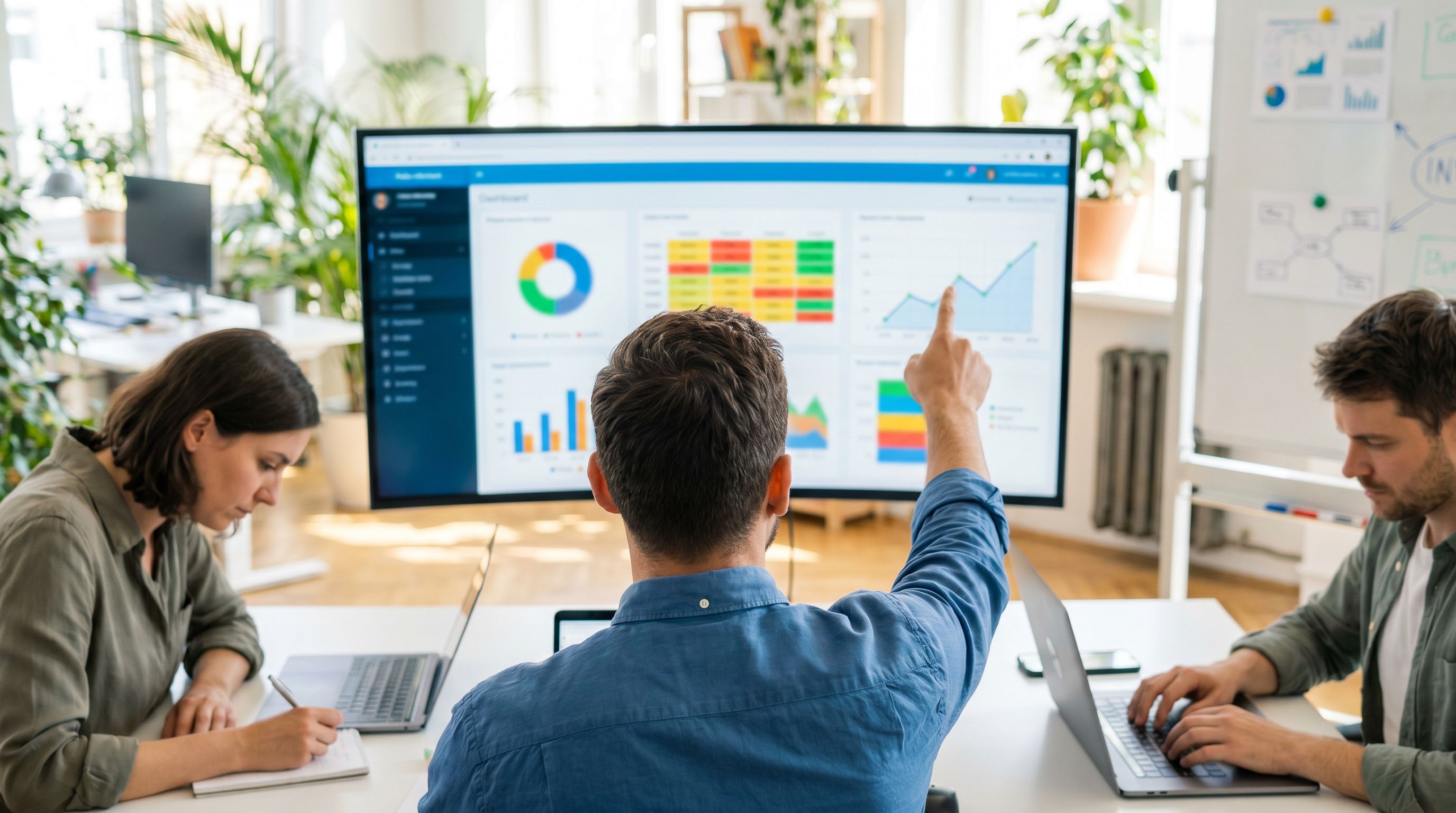 over-the-shoulder view of a large monitor displaying a Google Sheet with highlighted weekly metrics