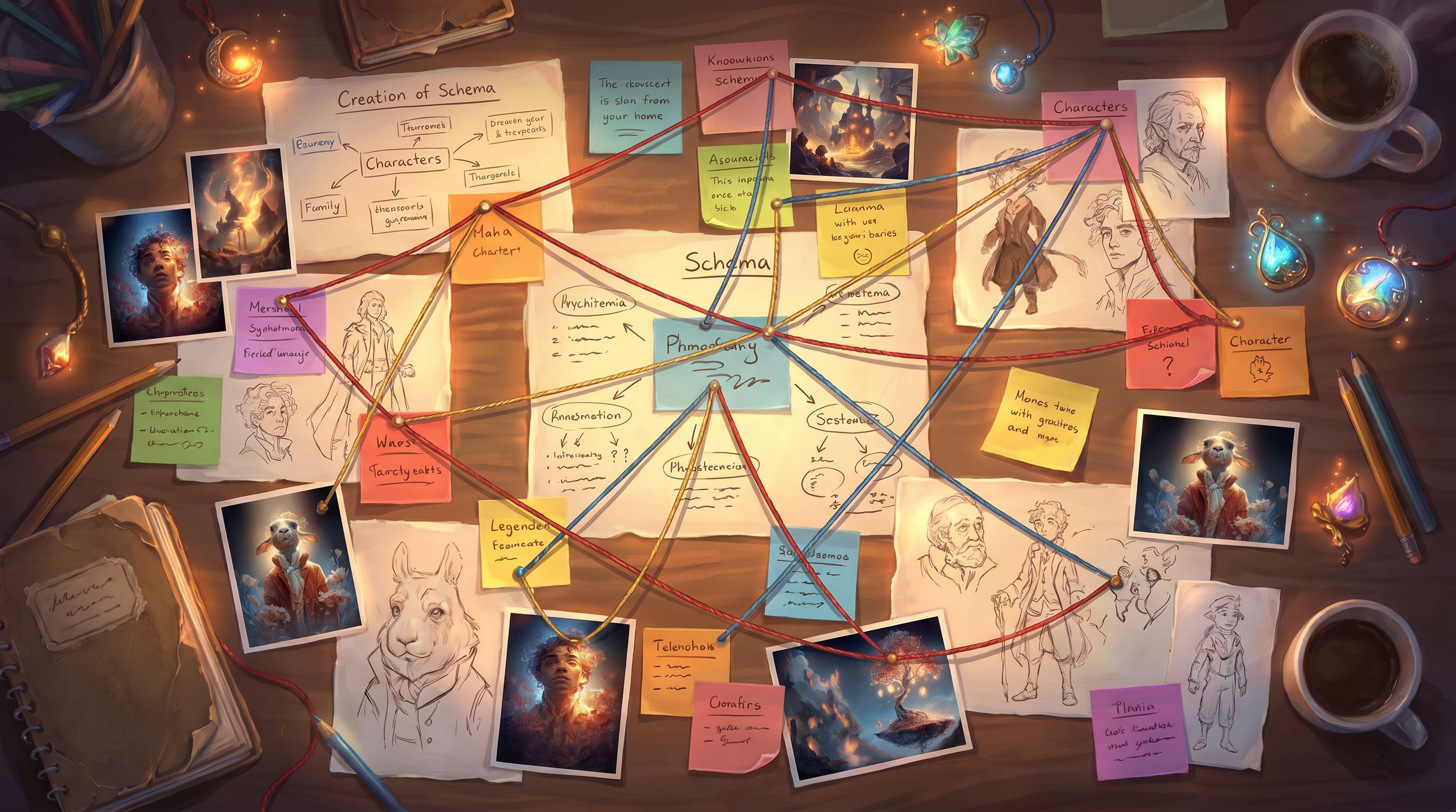 Overhead view of a creator’s workspace with sticky notes showing prompt schemas, character descripti