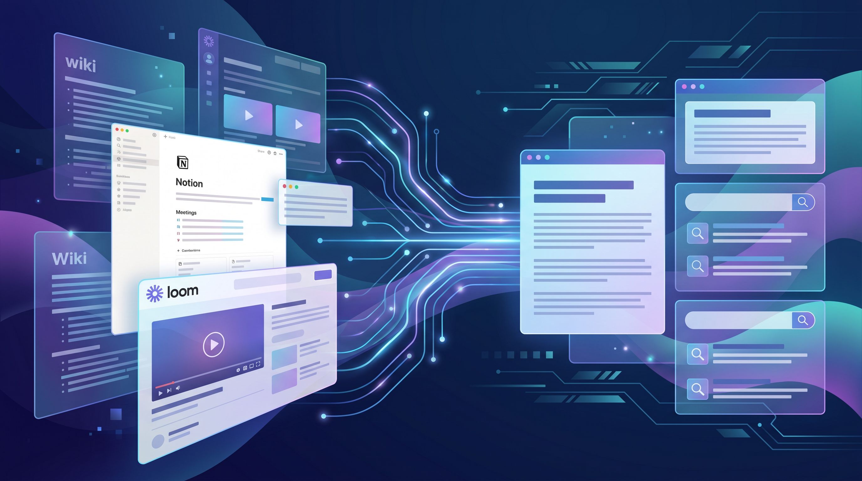 Wide hero-style illustration of a company knowledge base with overlapping UI panels of wikis, Notion