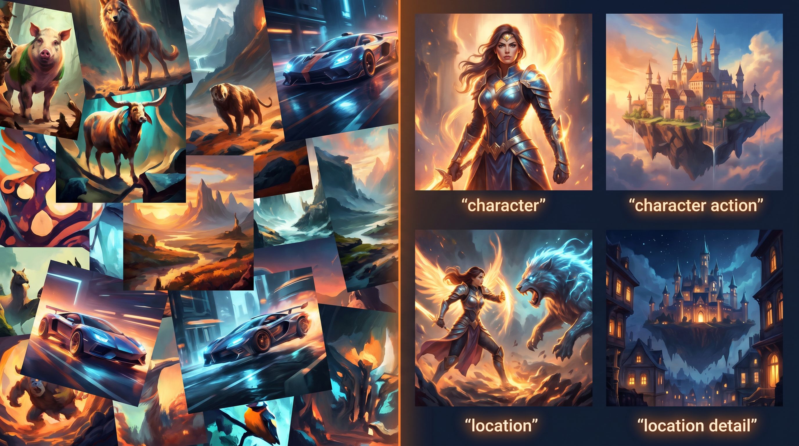 Split-screen image showing on the left a chaotic collage of mismatched AI images, and on the right a