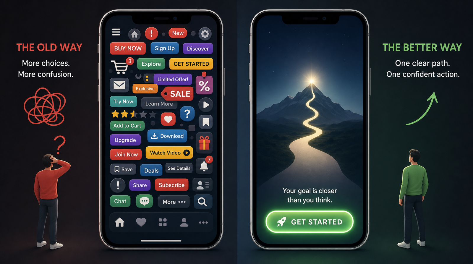 A split scene showing two smartphone screens: one cluttered with icons and buttons creating visual chaos, the other with a single clear pathway leading to one prominent glowing button