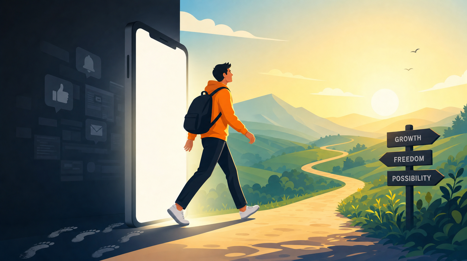 A person stepping through a doorway of light from a phone screen into a new environment, with their footprints fading behind them