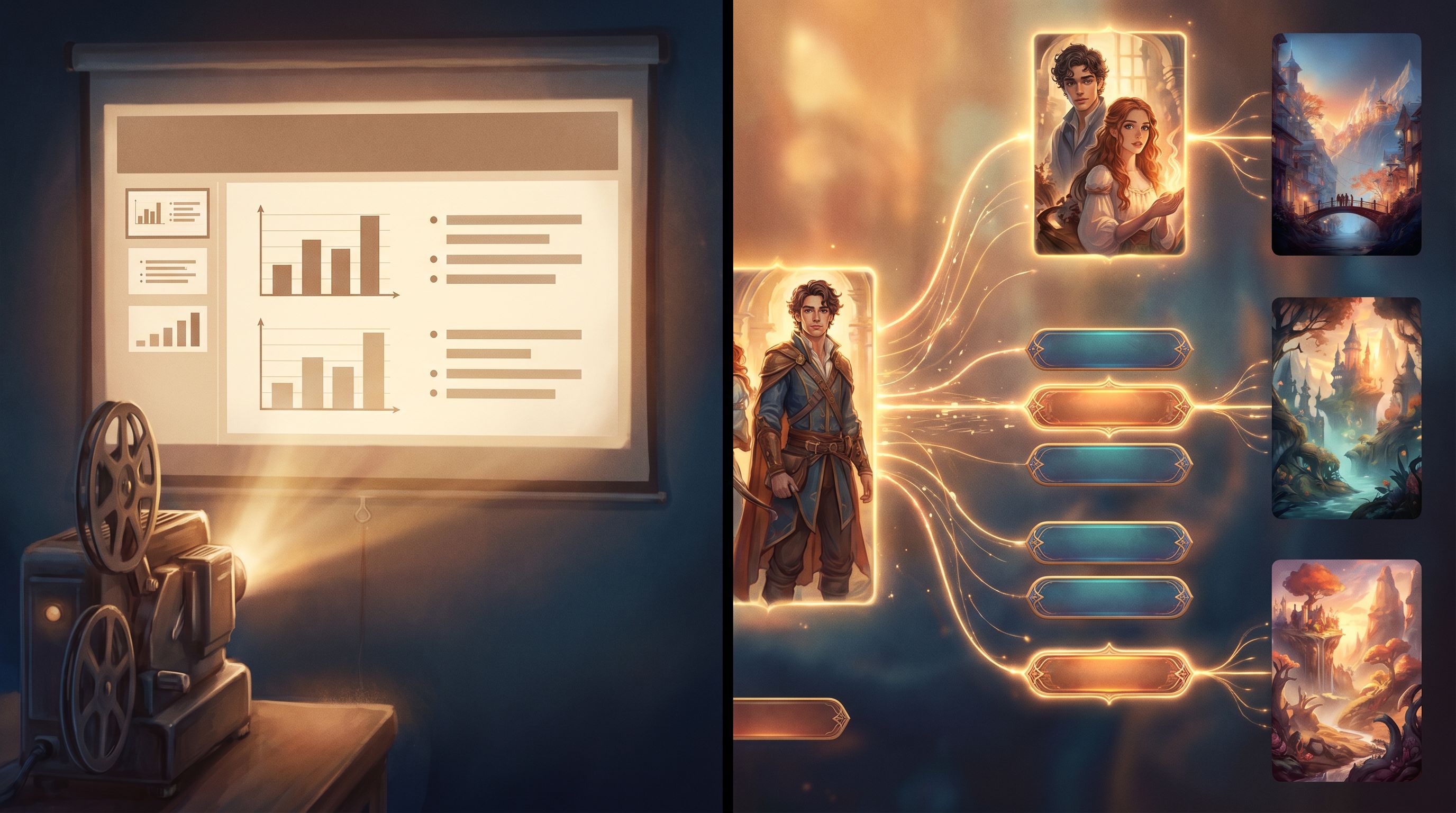 a split-screen image showing on the left a bland corporate slide deck on a projector, and on the rig