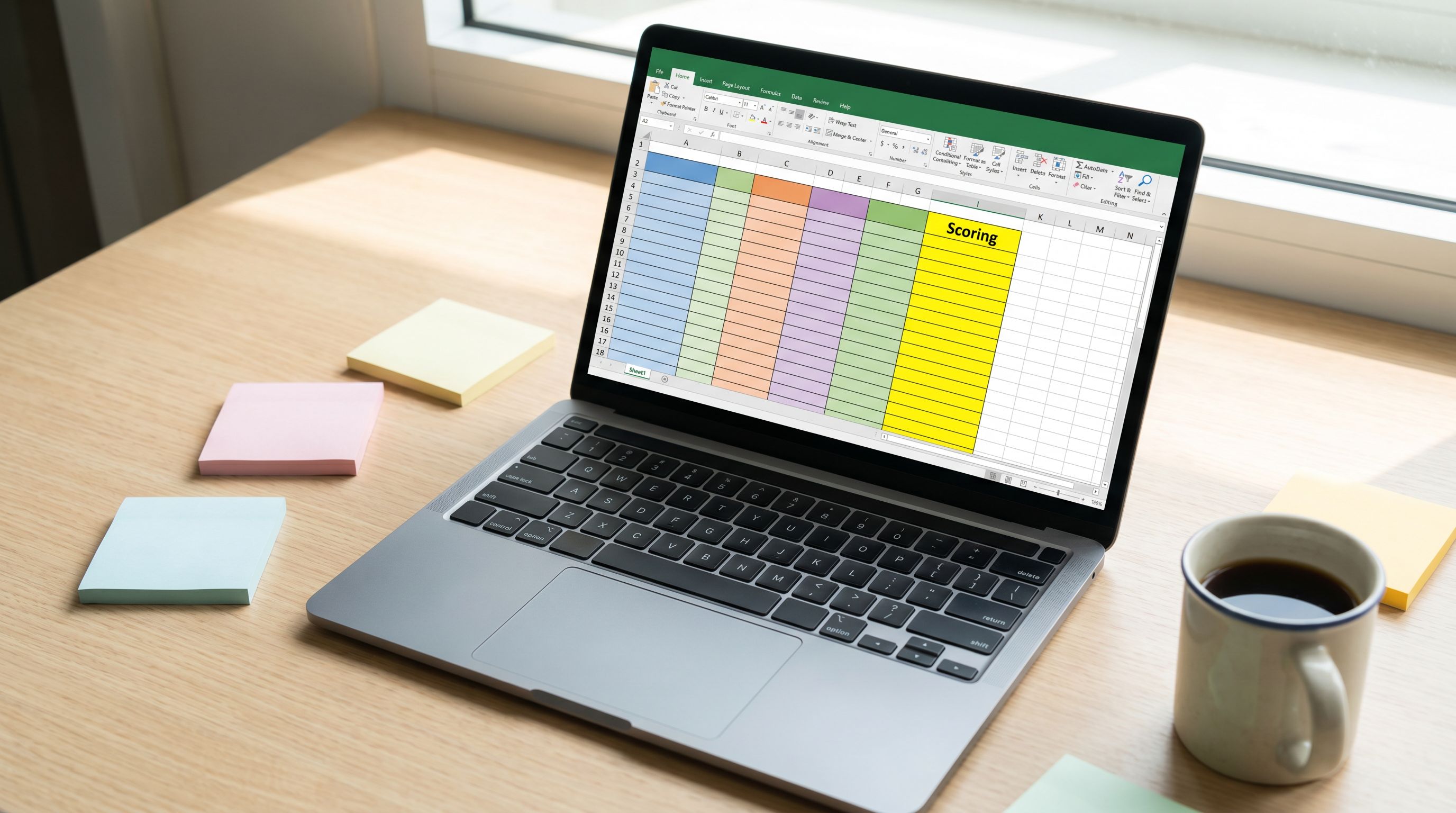 a zoomed-in view of a modern laptop screen showing a colorful Google Sheets document with scoring co