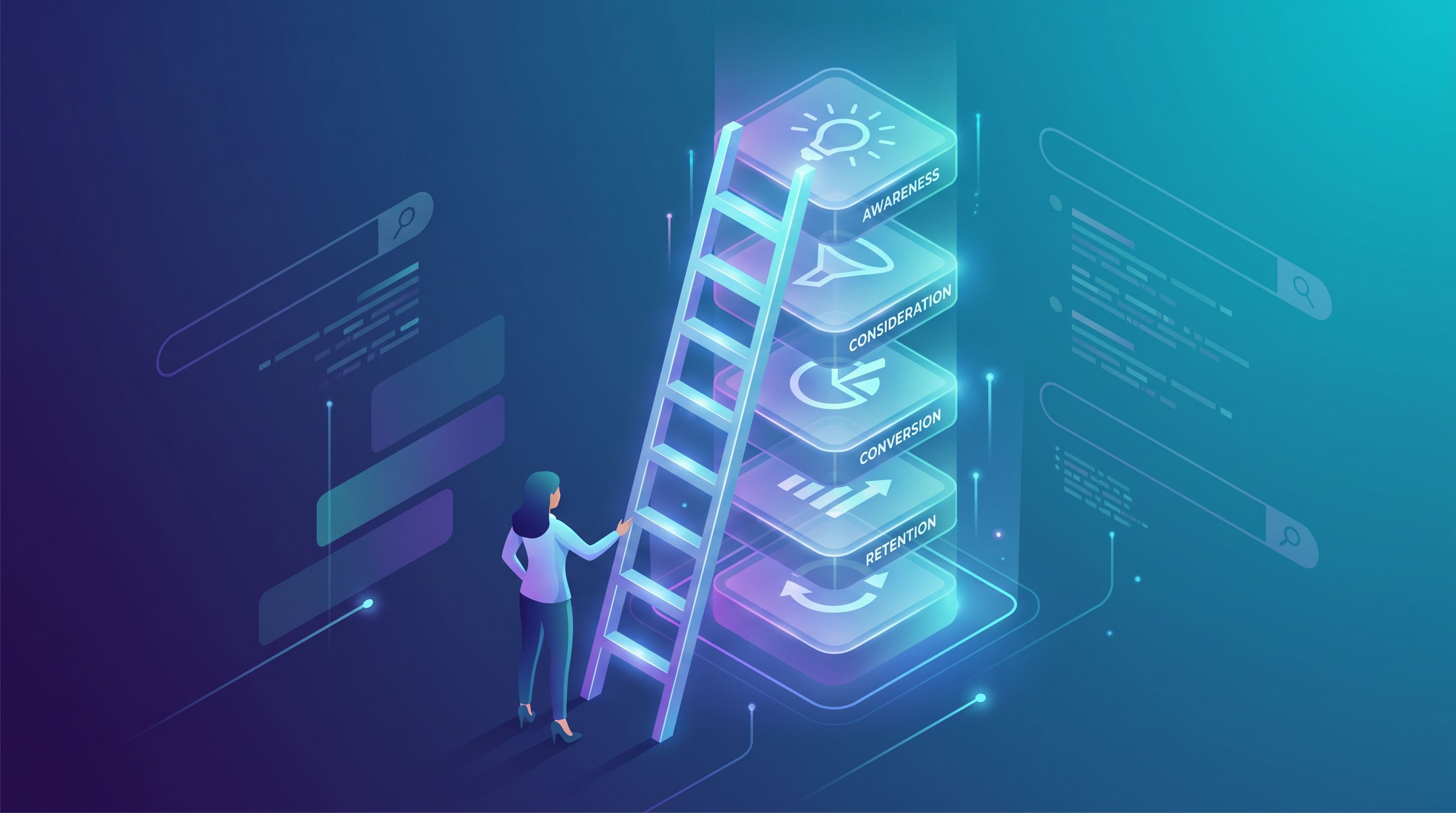 a marketing leader standing at the base of a large ladder made of glowing content tiles, each labele