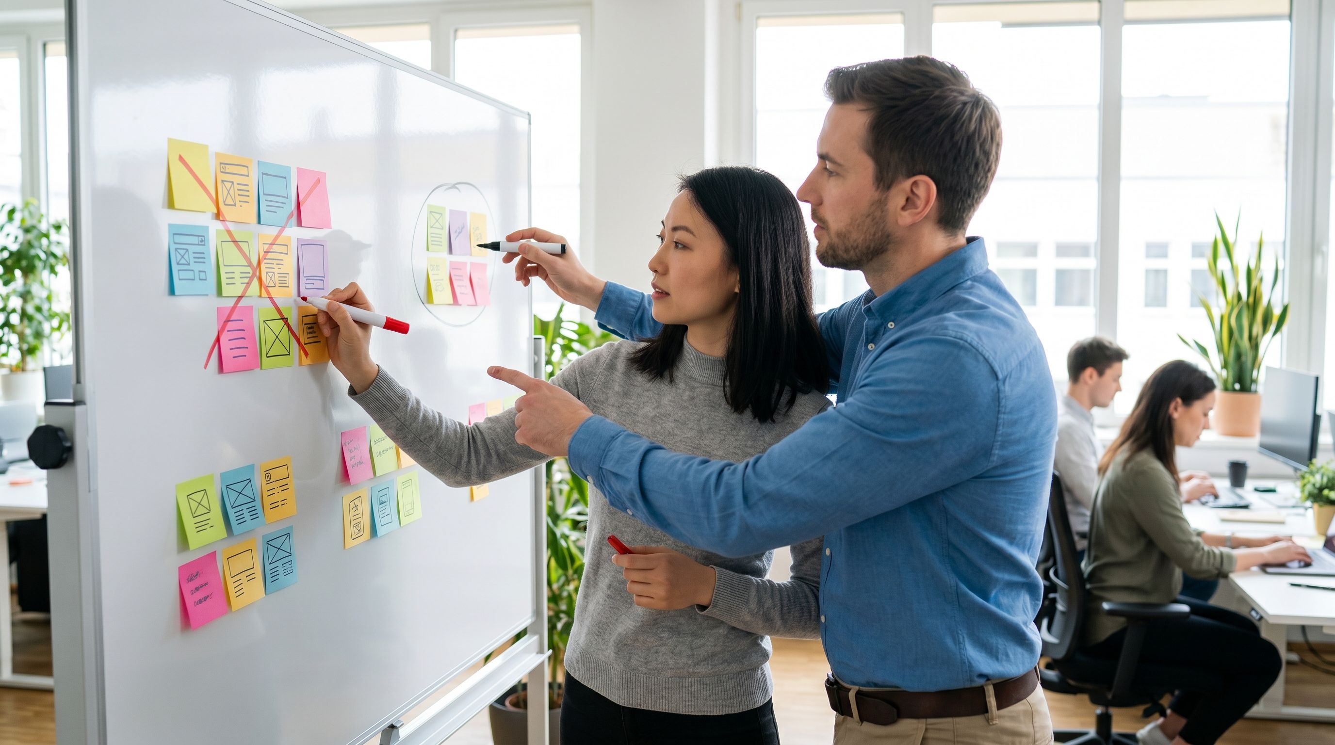 a product designer and security lead collaborating at a whiteboard covered in sticky notes represent