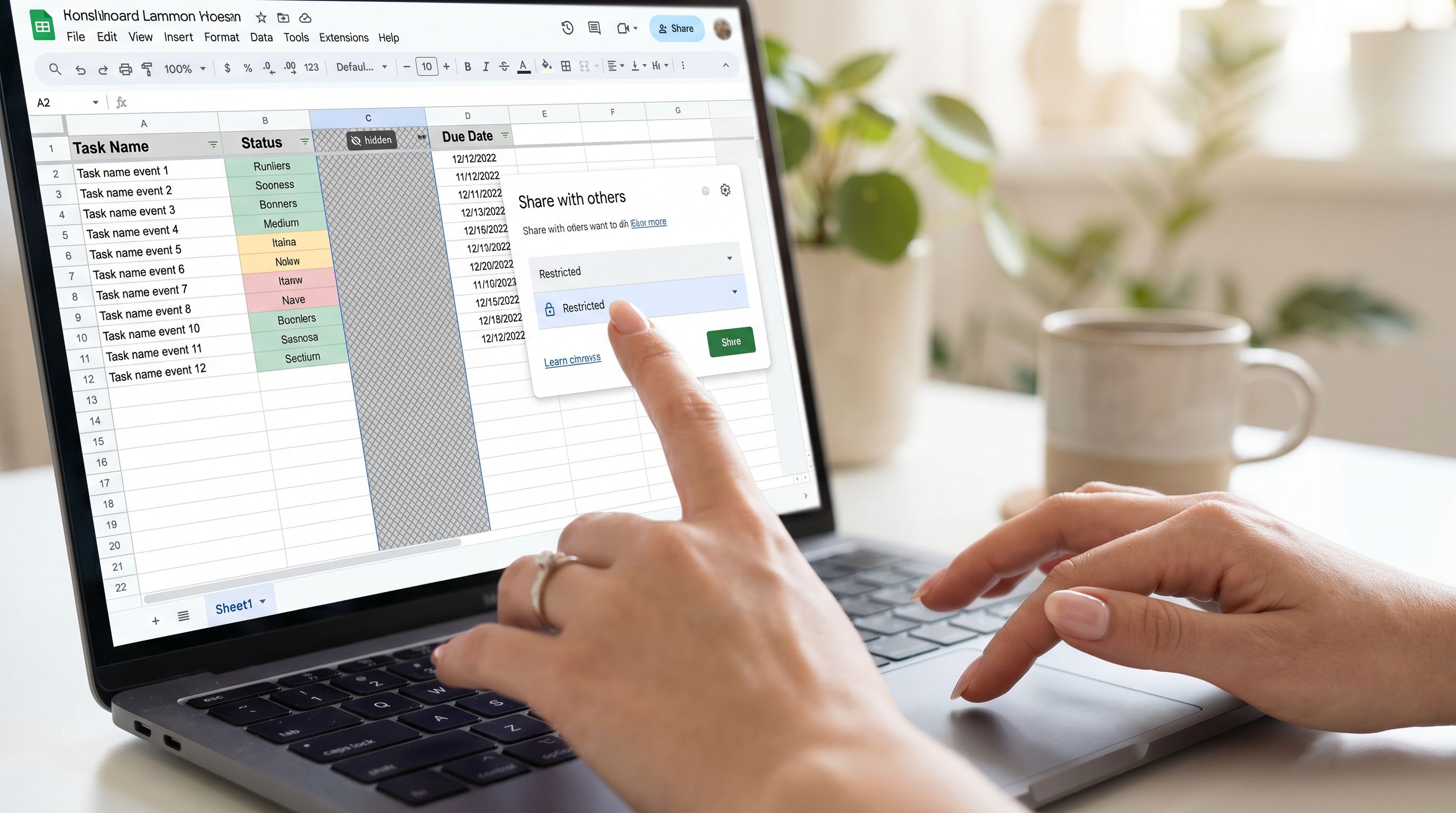 a zoomed-in view of a laptop screen showing a clean Google Sheet with non-sensitive columns visible