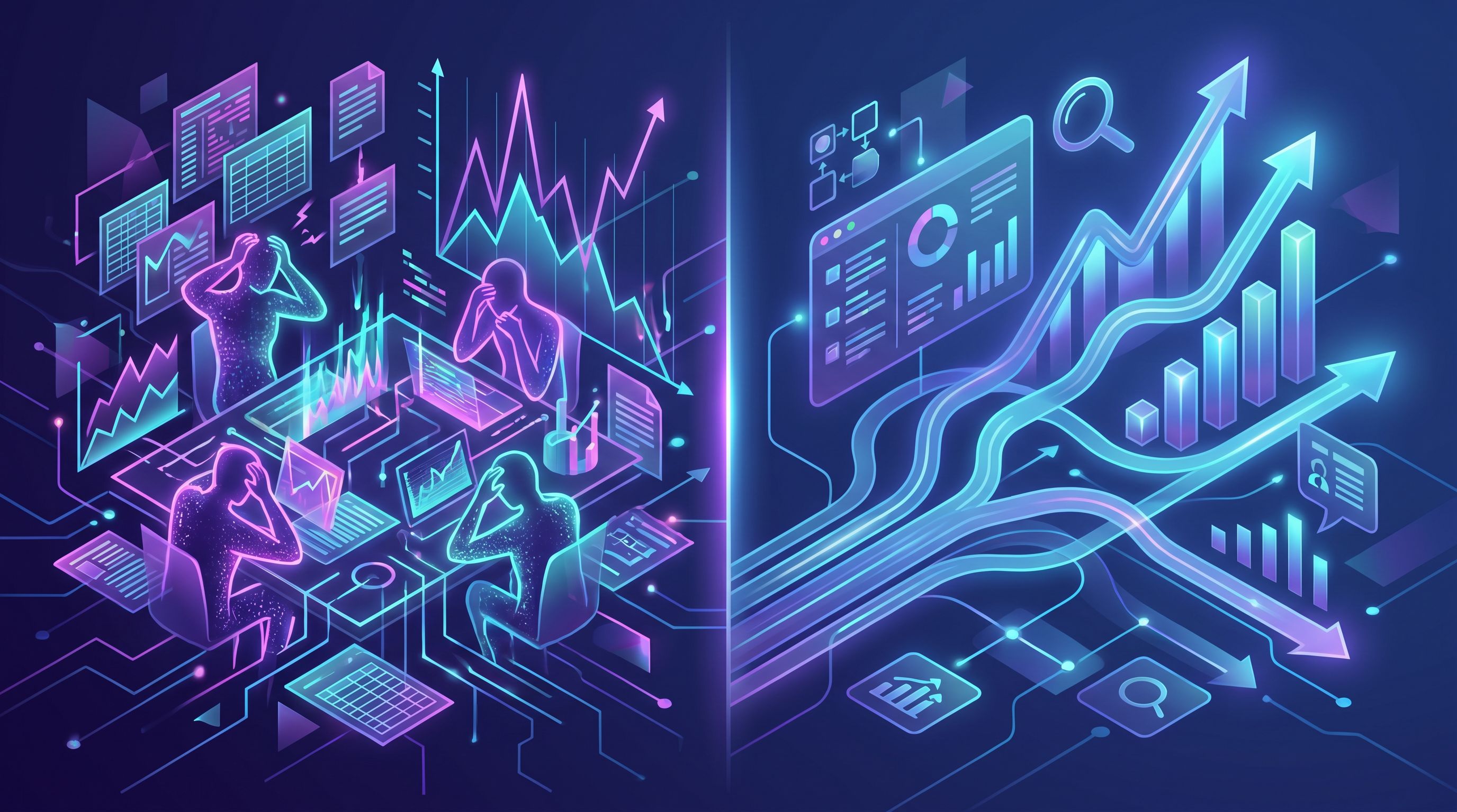 a split-screen illustration showing on the left a chaotic workspace with sticky notes, spreadsheets,