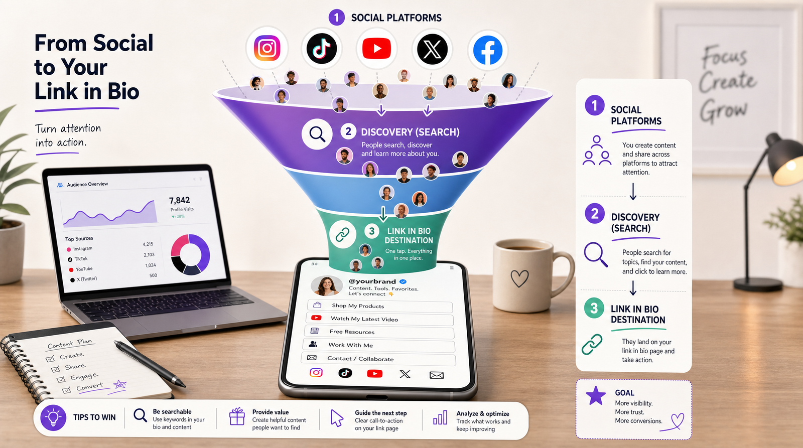 A funnel diagram flowing from social media platform icons at the top through a search discovery layer in the middle down to a link-in-bio page at the bottom, with small user avatar dots traveling through the funnel stages