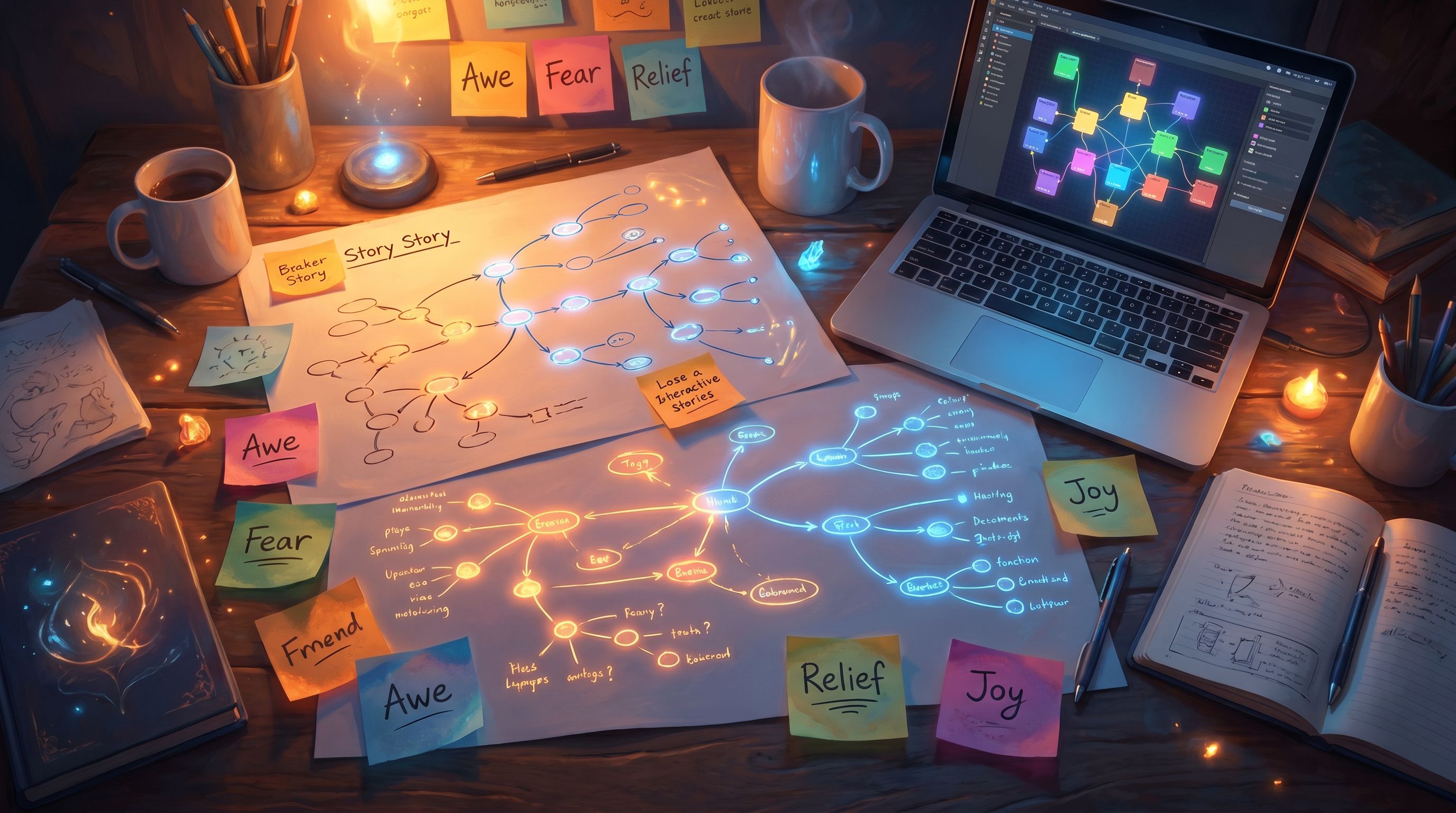 Overhead view of a creator’s desk with branching story diagrams, sticky notes labeled with emotions