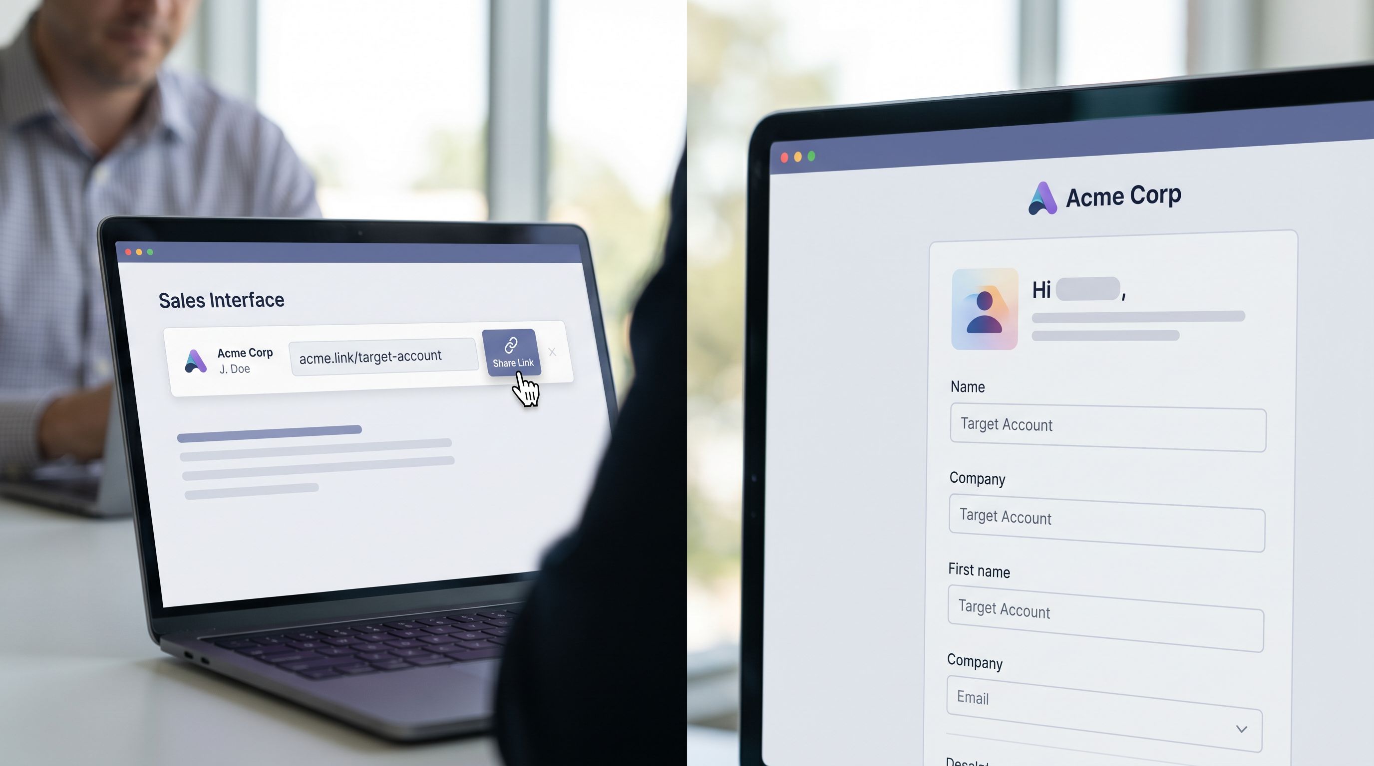 Split-screen composition showing a sales rep sharing a clean custom URL for a target account on the