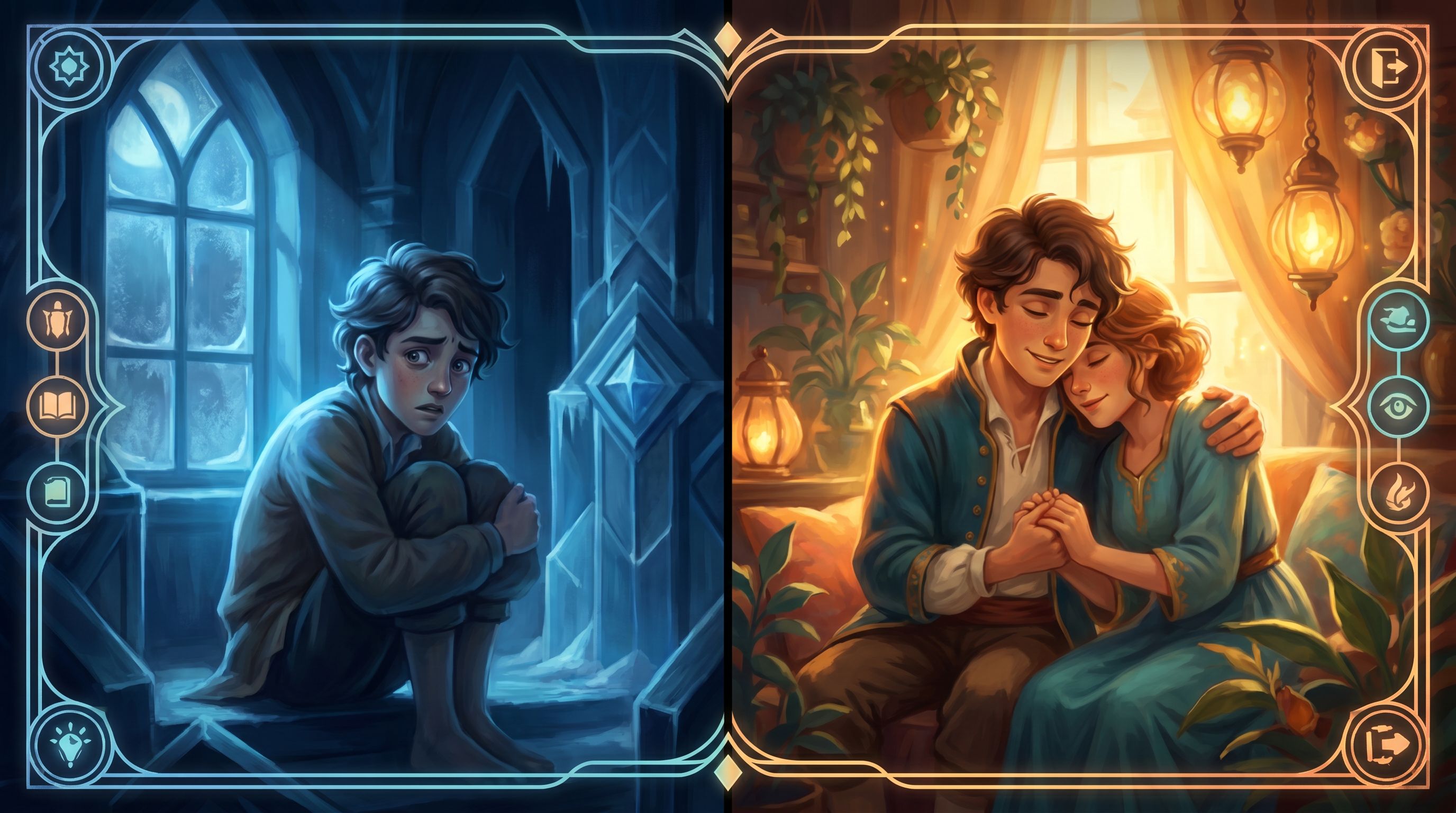 A split-screen composition showing the same character in two different emotional states across branc