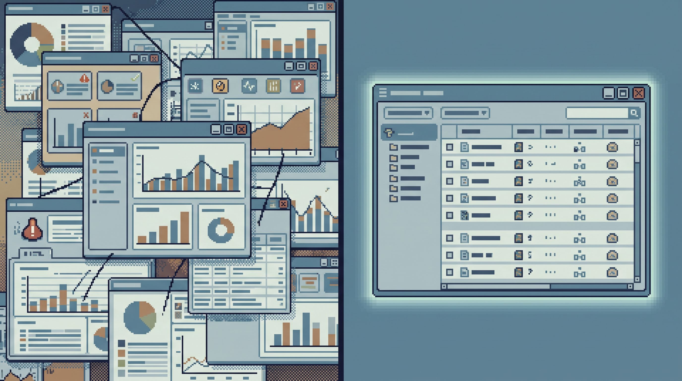 Side-by-side comparison of a cluttered multi-dashboard screen on the left and a single clean databas