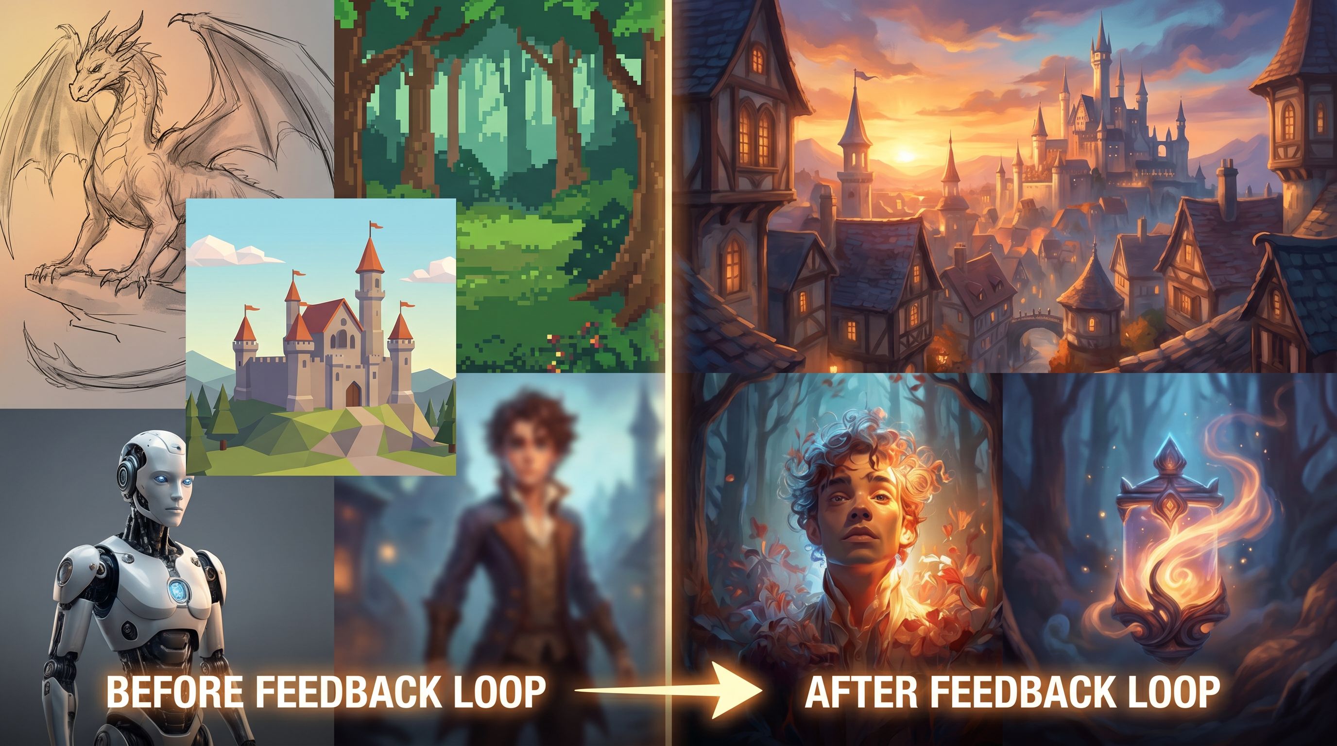 Split-screen image showing on the left a cluttered, inconsistent set of AI-generated scenes from a b
