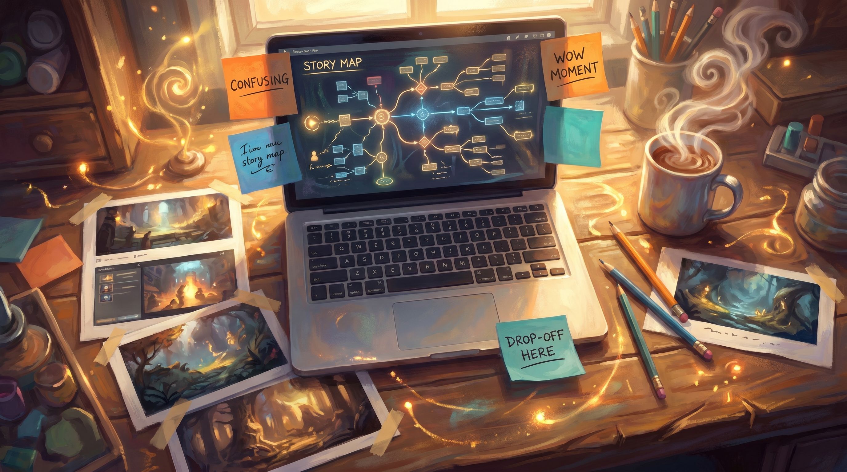 Overhead view of a creator’s desk with a laptop showing a branching story map on screen, surrounded