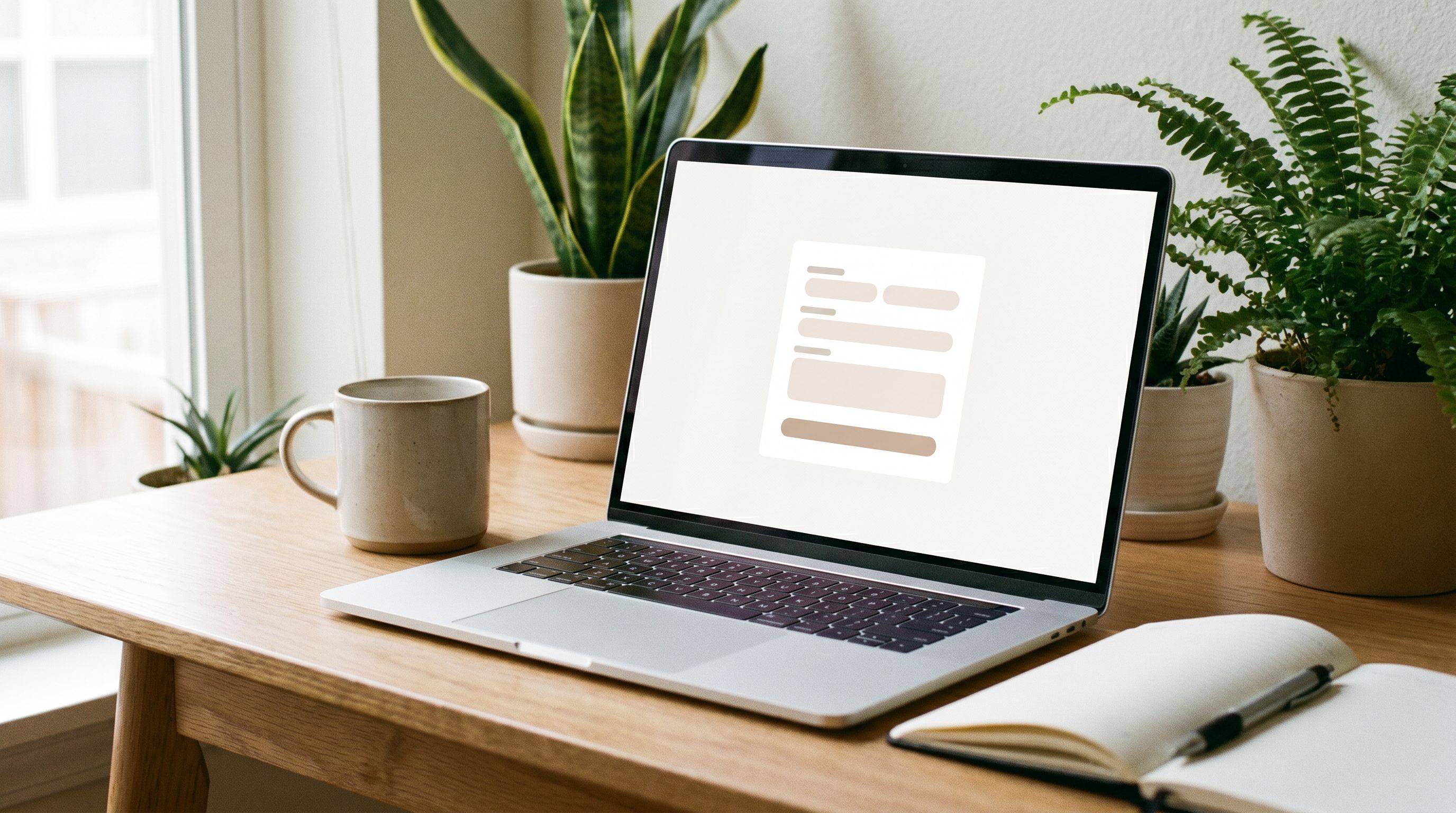 a clean, softly lit interface showing a form on a laptop screen, with calm neutral colors, generous