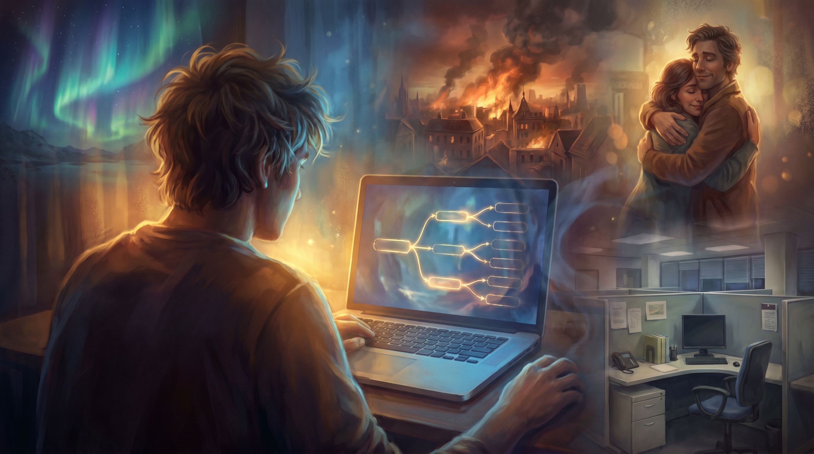 a moody, over-the-shoulder view of a player at a laptop screen showing a branching choice menu, with