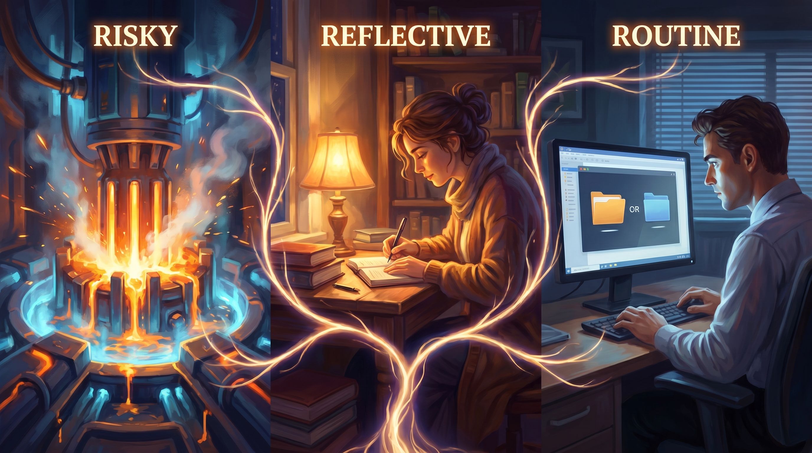 a split-screen illustration showing three panels labeled Risky, Reflective, Routine, each with a dif