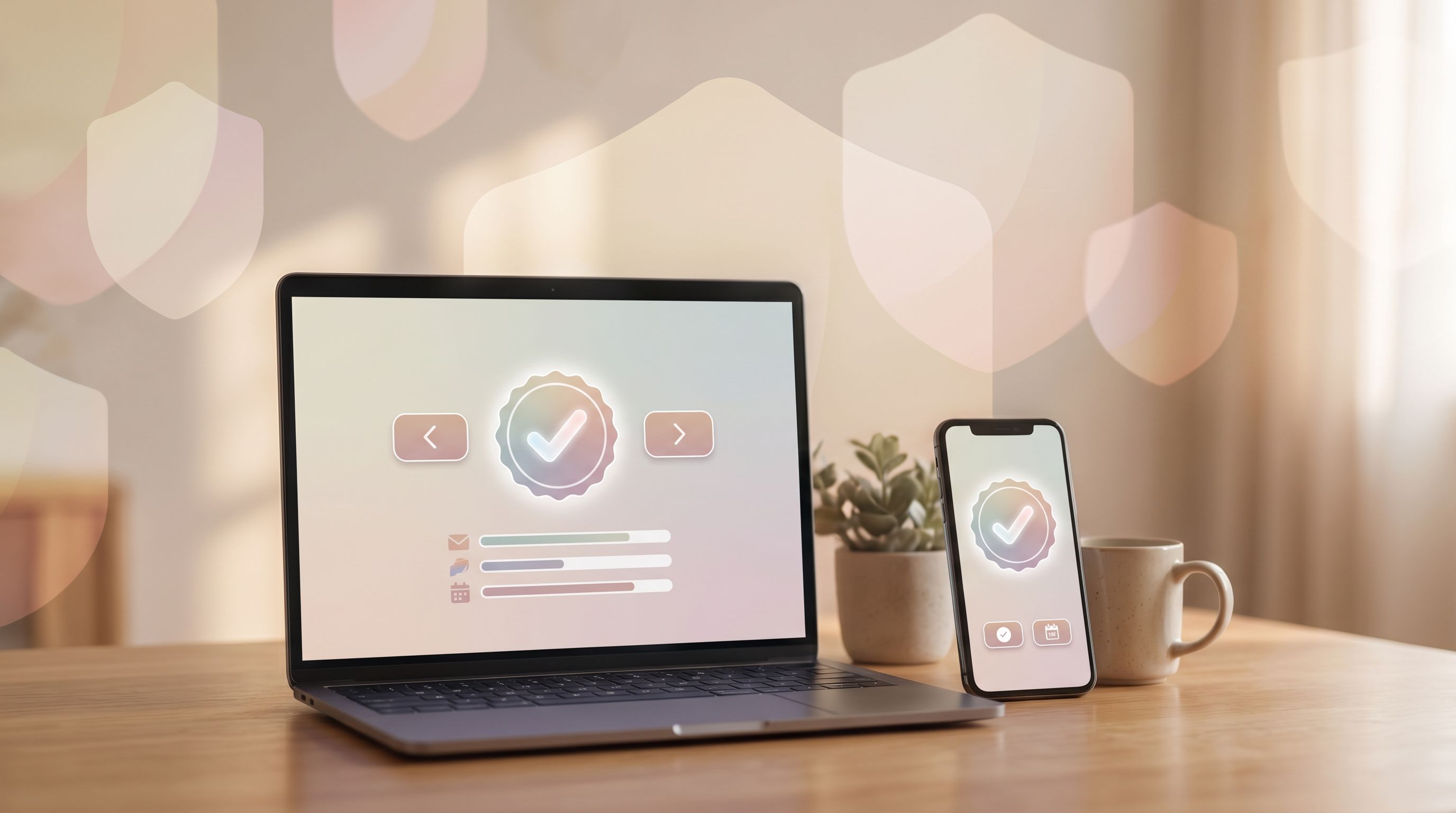 a confirmation screen on a laptop and phone side by side, showing a reassuring message with soft col