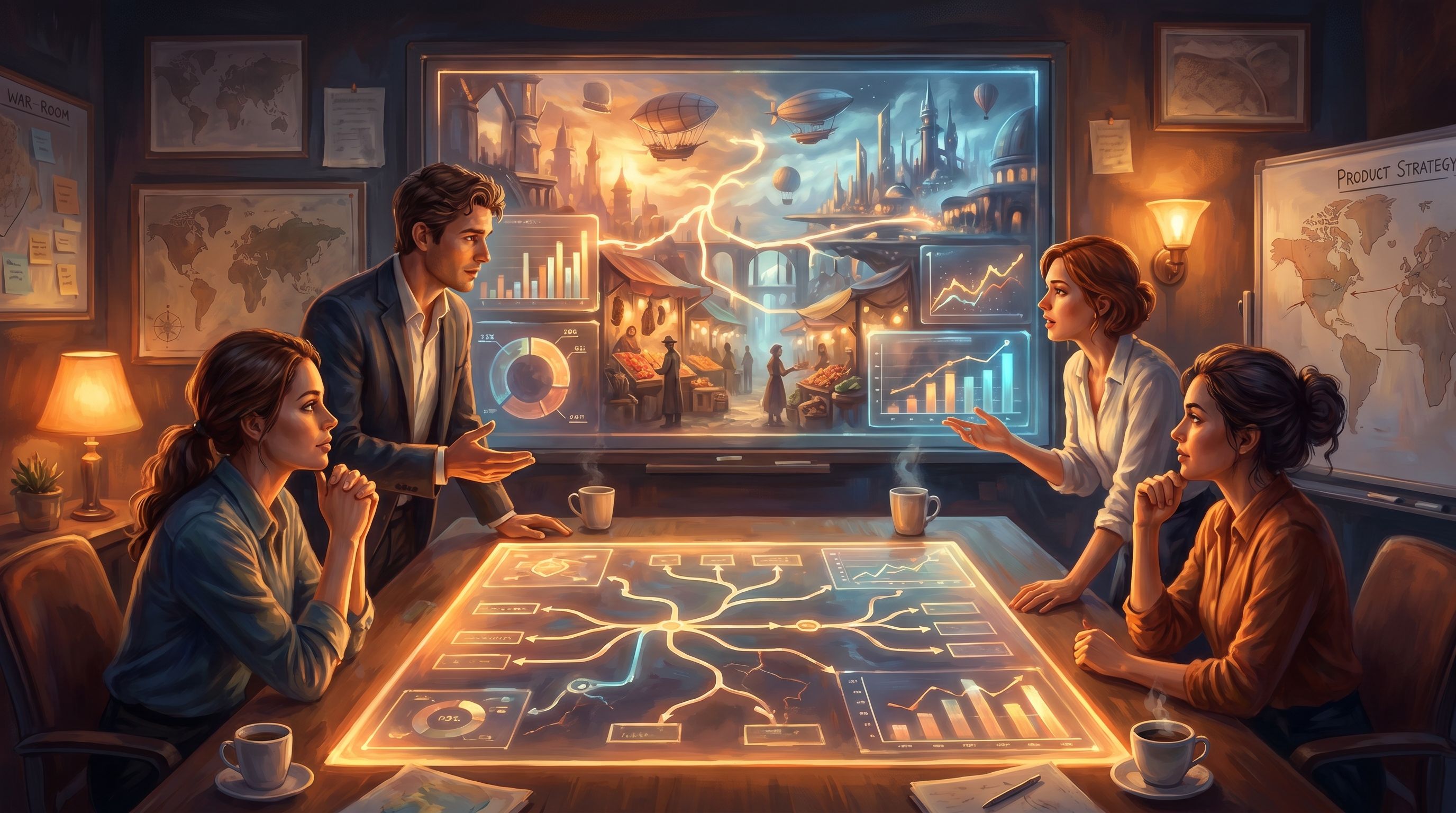 a product strategy team in a dimly lit war-room style meeting space, gathered around a large interac