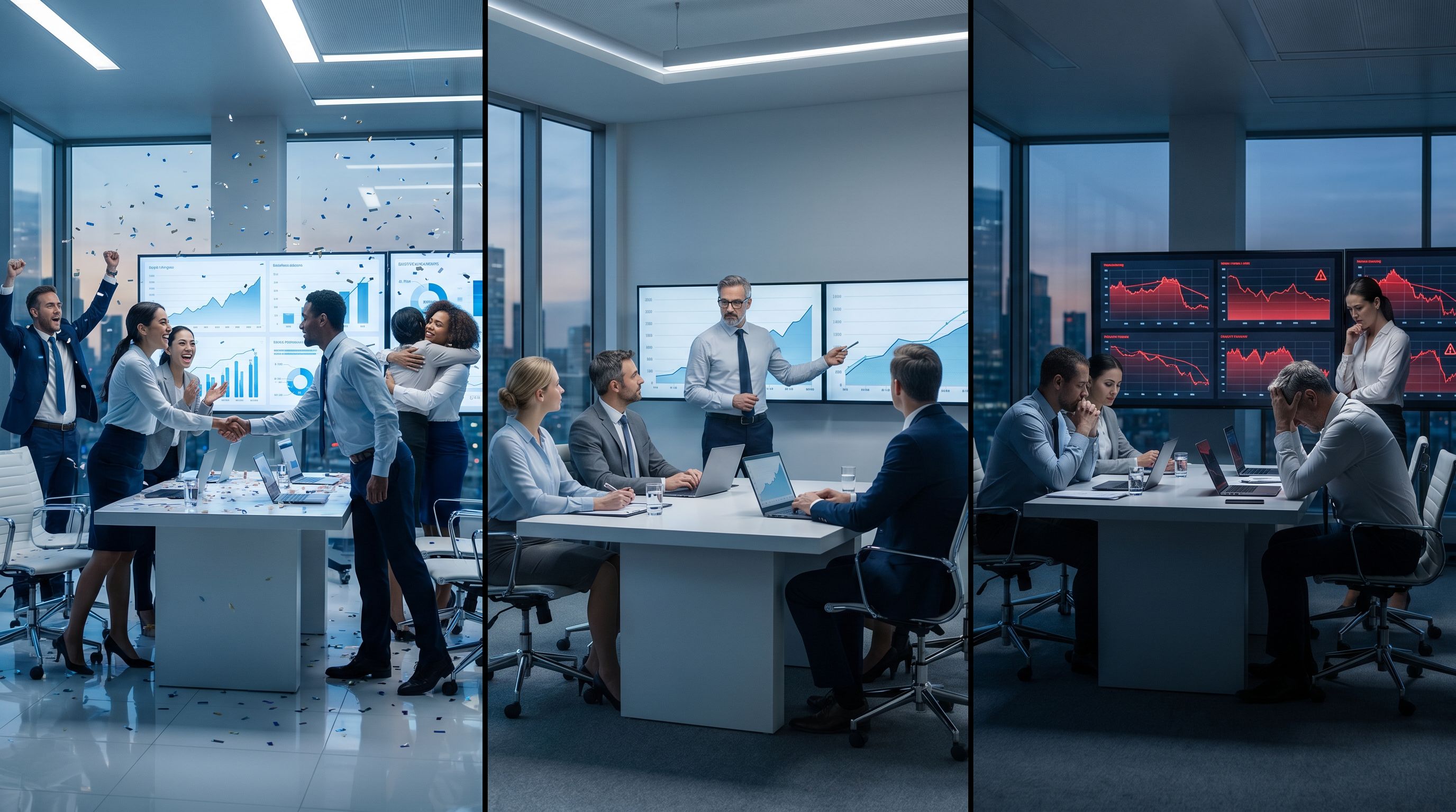 a split-screen scene showing three alternate future outcomes for the same company: one panel with th