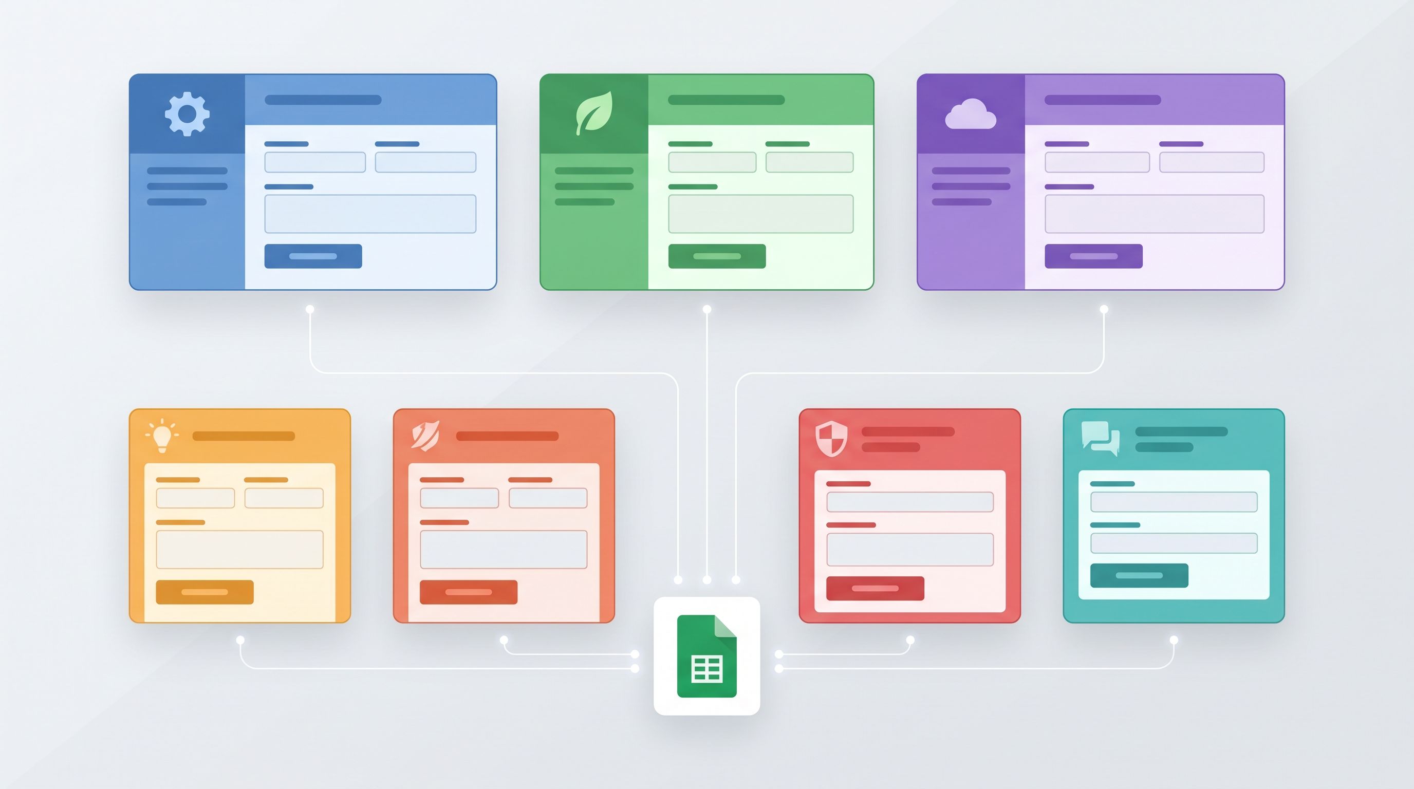 dashboard-style illustration of multiple branded form previews arranged in a grid, each with distinc
