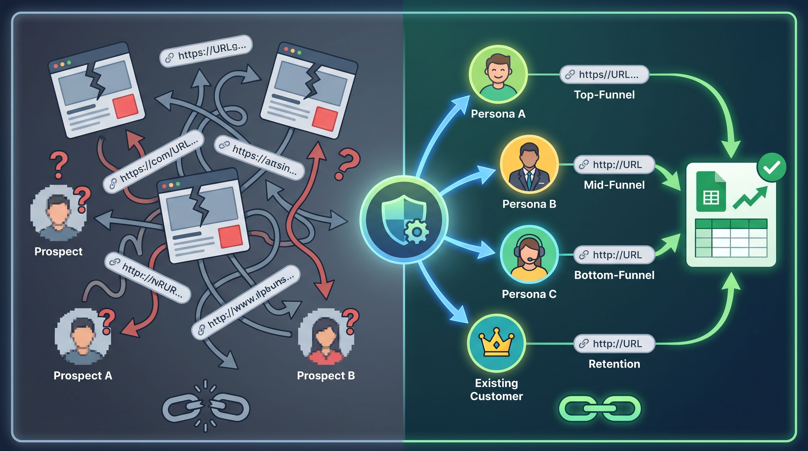 Split-screen conceptual illustration: on the left, a chaotic web of mismatched landing pages and tan
