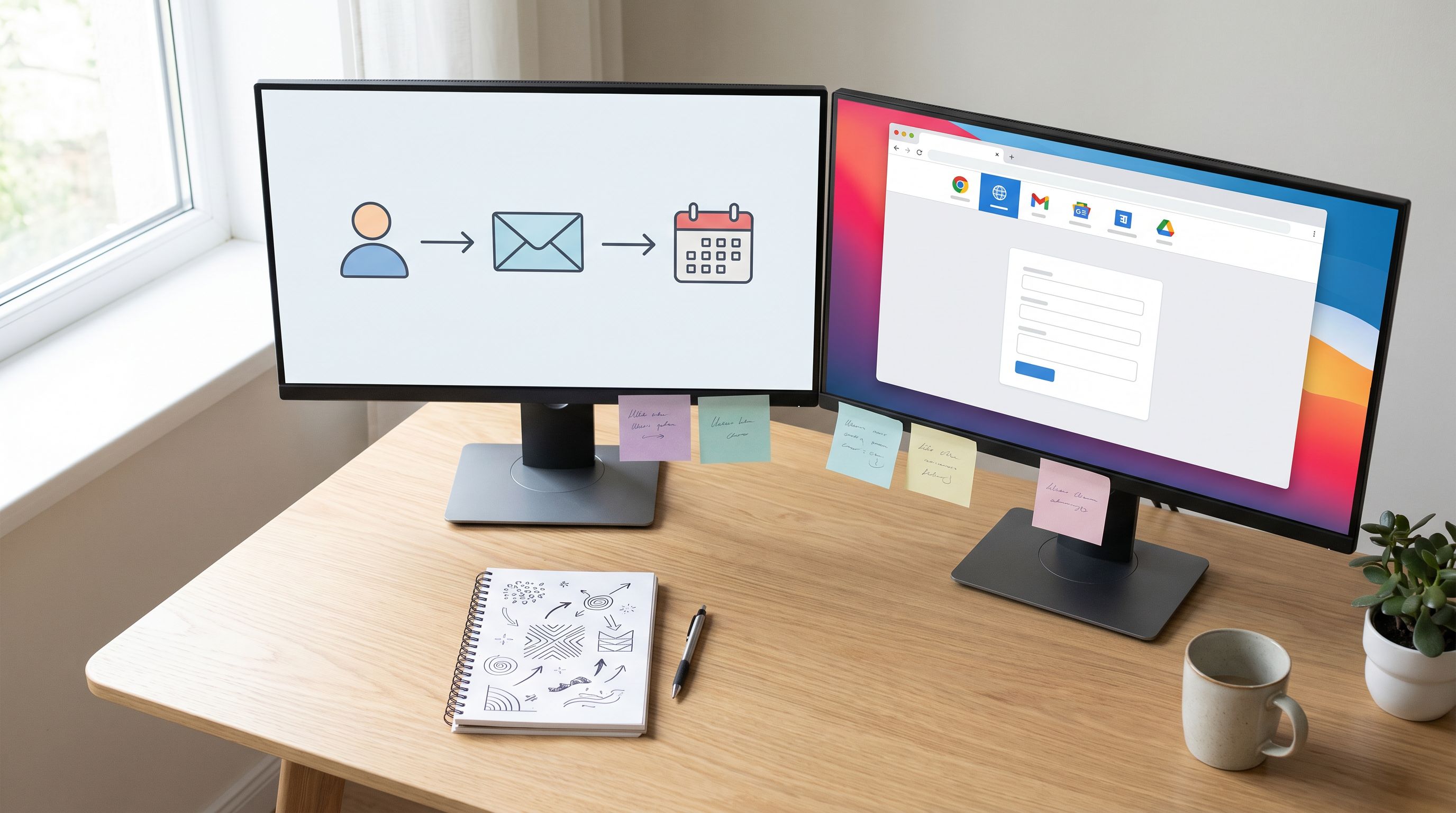 Overhead view of a modern sales operations desk with dual monitors: the left screen shows an email s