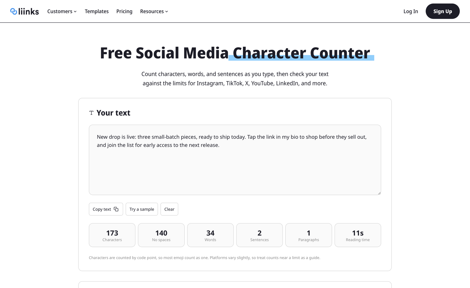 The Liinks Character Counter showing a sample caption in the text box with a live stats grid below it counting characters, words, sentences, paragraphs, and reading time
