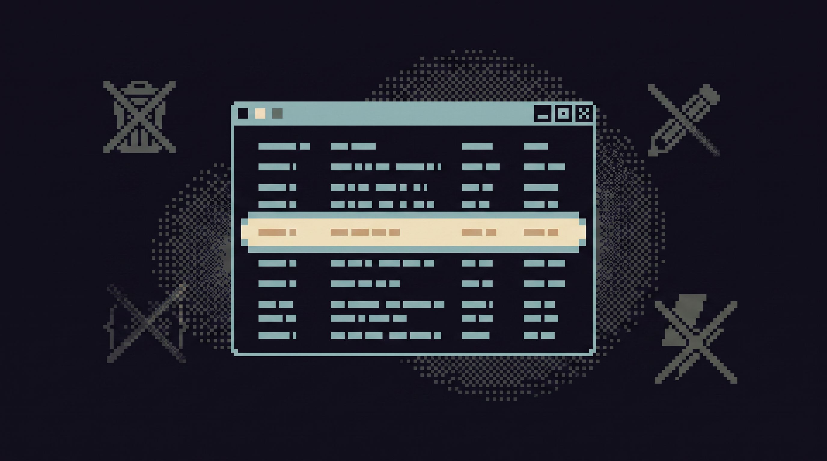 Minimalist interface of a read-only database browser on a dark background, with rows of data and sub