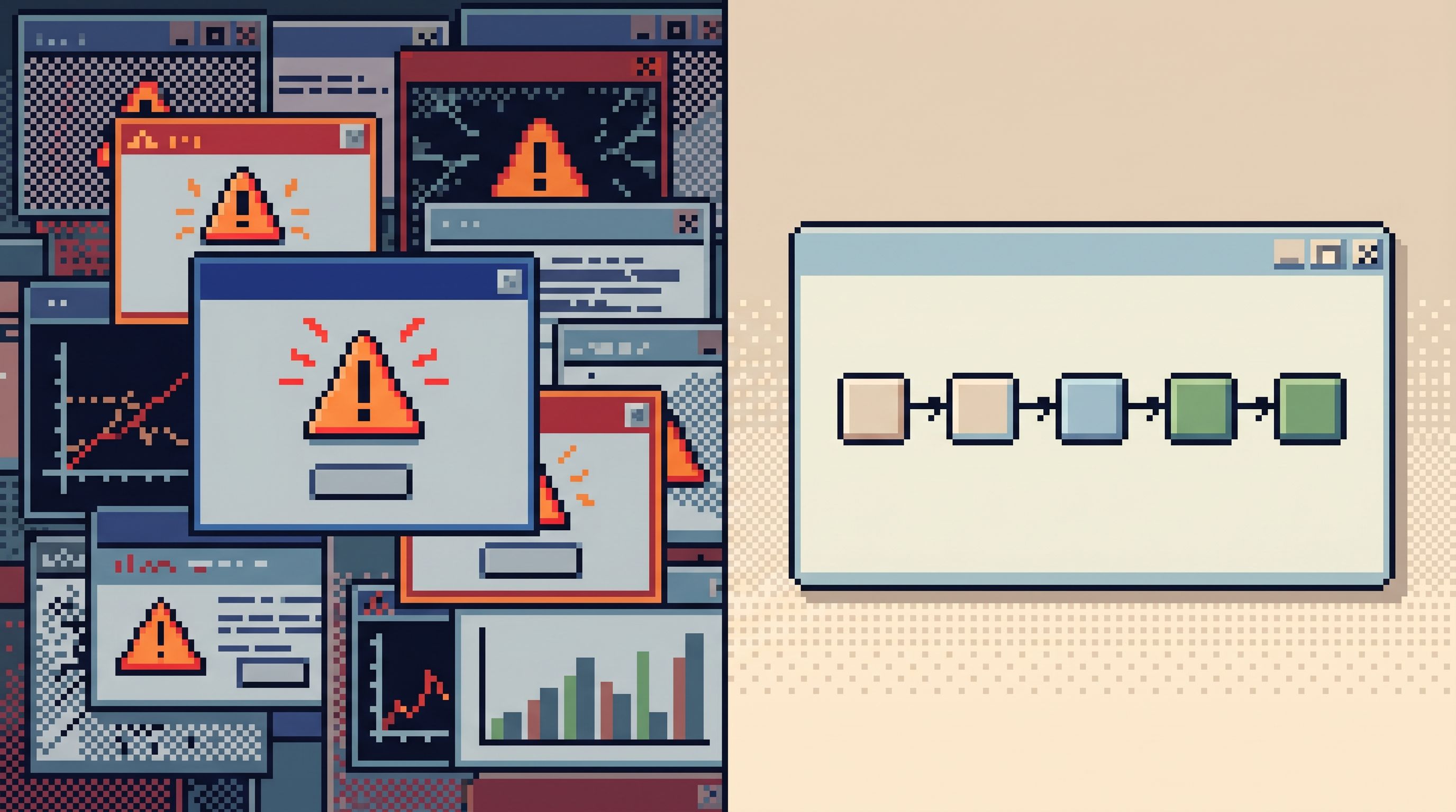 Split-screen concept art showing on the left a chaotic multi-window admin setup with red warning ico