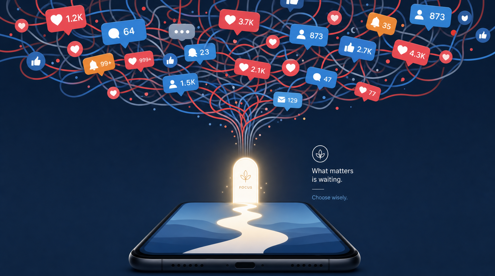 An editorial illustration of a tangled web of social media notification bubbles and heart icons all funneling downward into one clear illuminated doorway glowing on a phone screen, contrasting the chaotic noise above with a single calm path below.