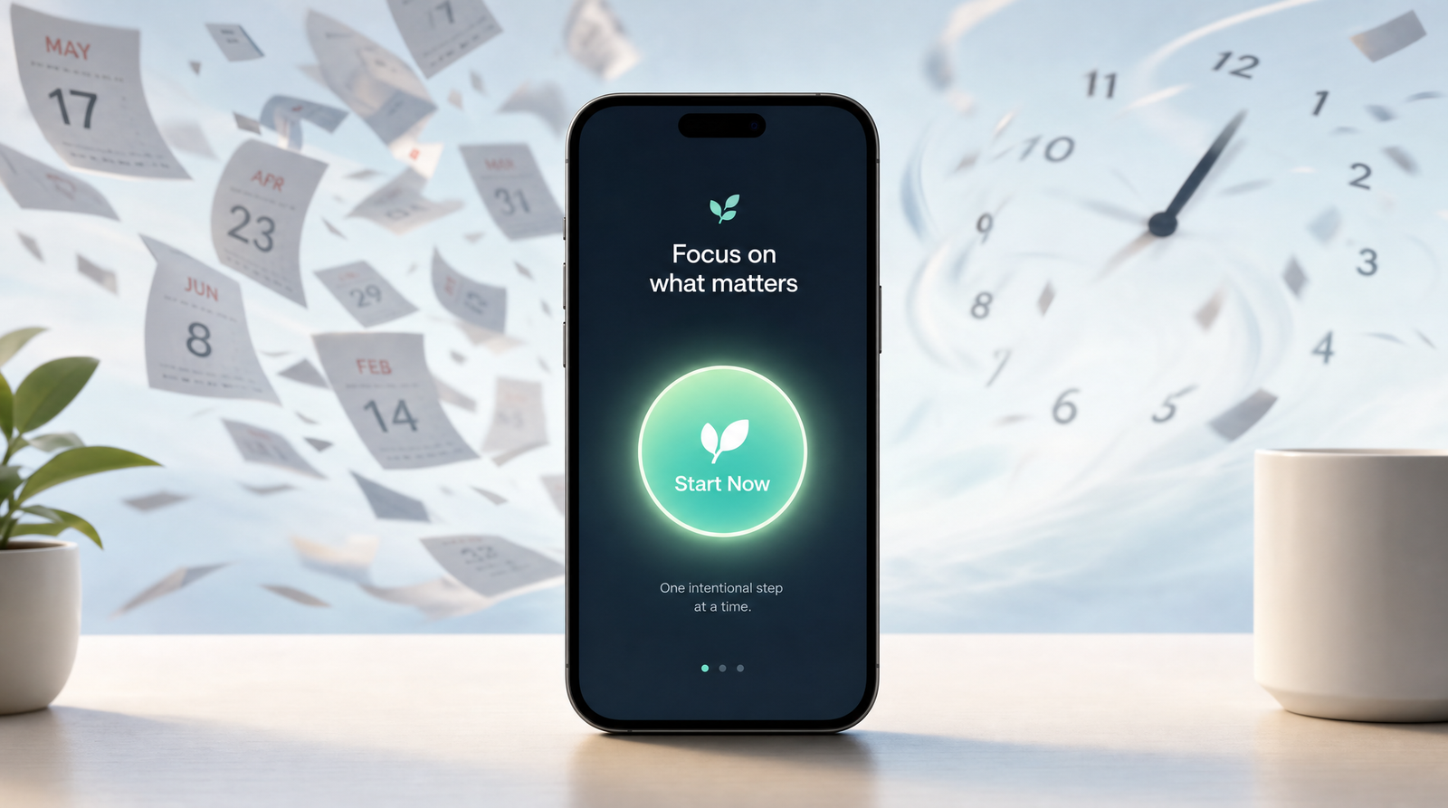 An editorial illustration of a serene minimalist smartphone on a clean surface showing a single large glowing tappable button, while faded scattered calendar pages and spinning clock hands swirl away into the soft blurred background, a calm focal point against chaotic timing in the background.