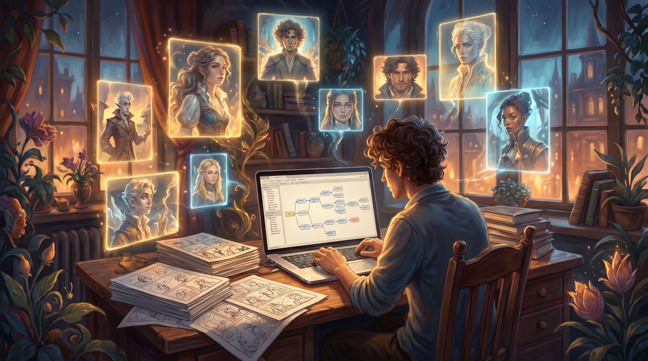 A creator sitting at a desk surrounded by printed comic pages, a laptop showing a branching Questas