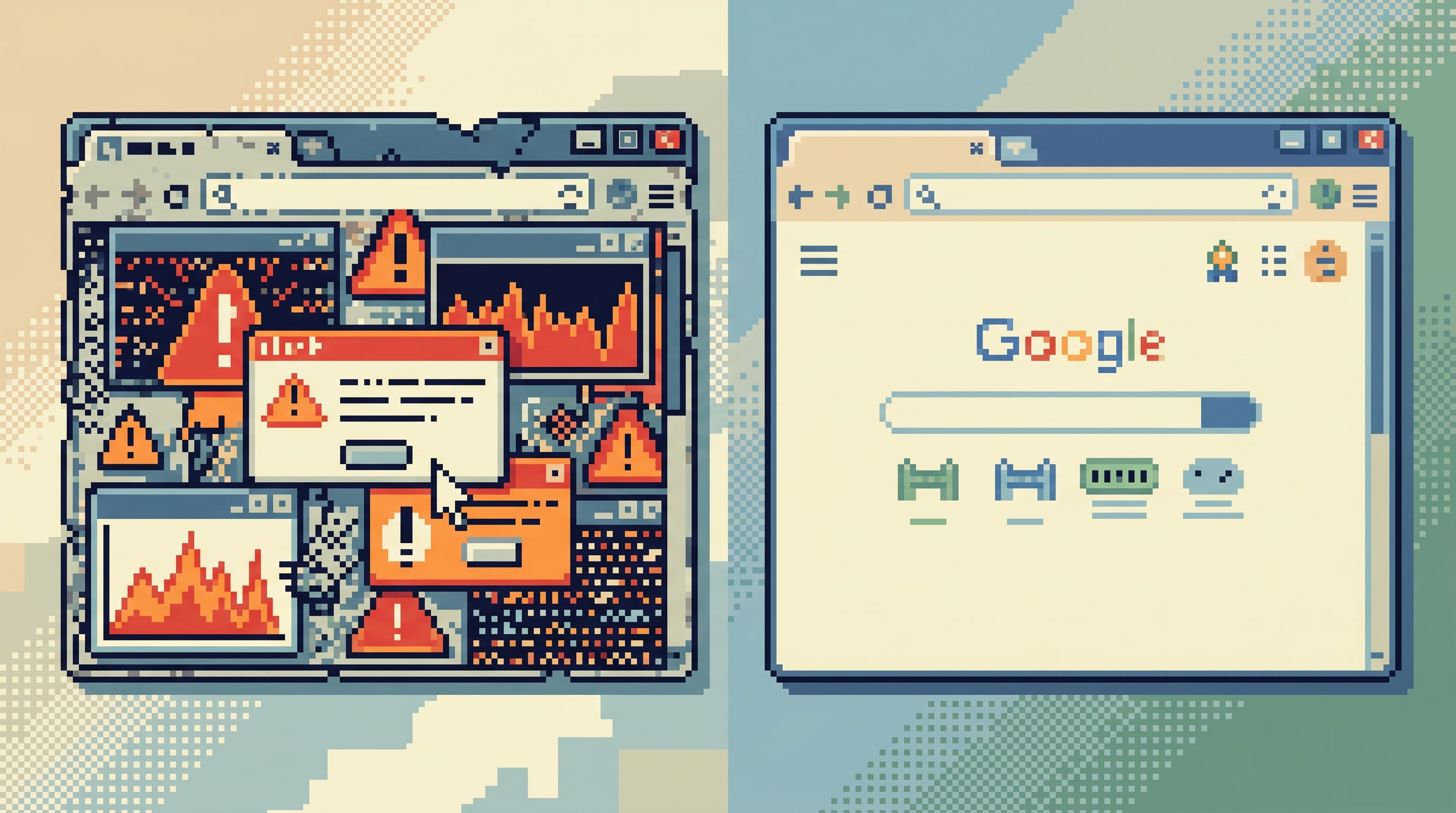 side-by-side comparison of two stylized browser UIs, one cluttered with warnings and noisy alerts, t