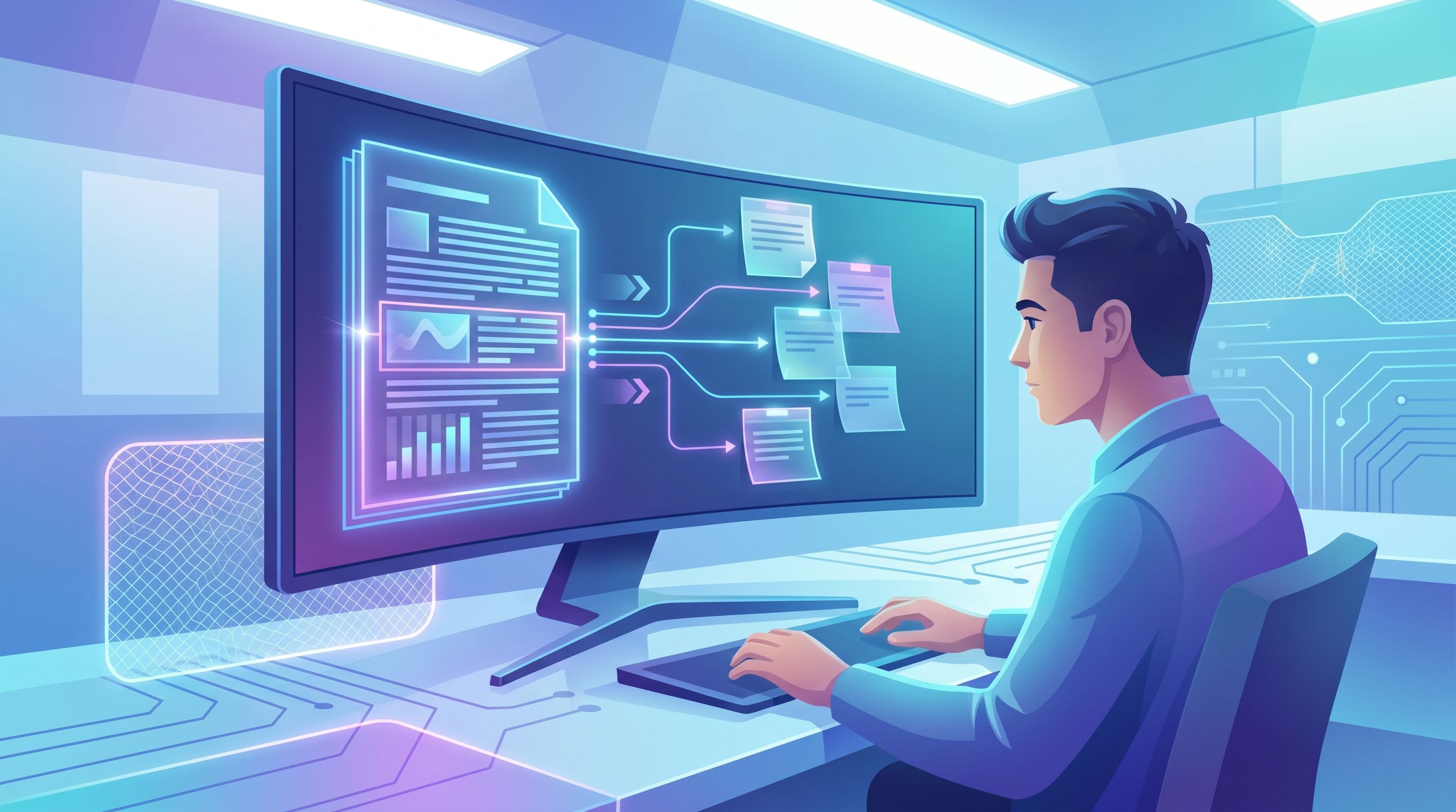 a marketer at a large monitor with a dense PDF open on one side and sticky-note style topic ideas on