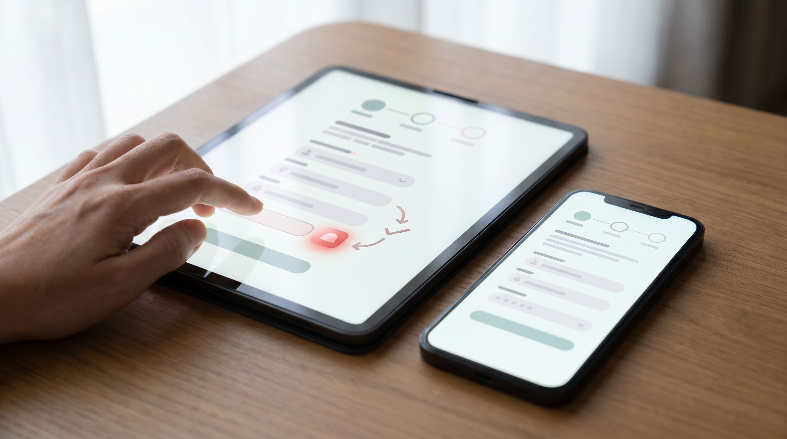 Close-up UI mockup of a multi-step form on a tablet and phone side by side, with clear progress indi