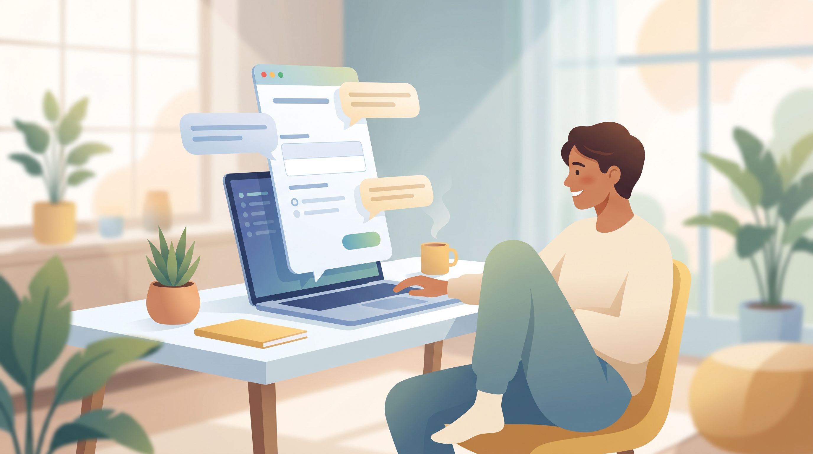Wide hero-style illustration of a user sitting at a laptop, with a large, friendly form UI on the sc