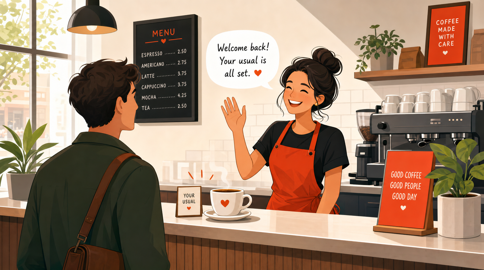 A cozy cafe counter where a smiling host warmly greets a returning regular customer, the regular's usual order already waiting on the counter.