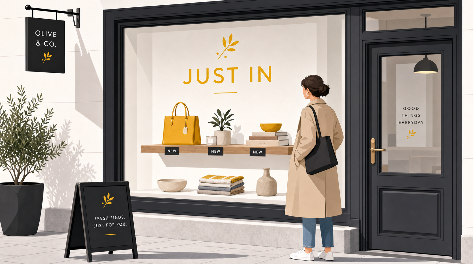 A tidy storefront window being refreshed with a small 'just in' shelf of new items, while a familiar passerby pauses to look.