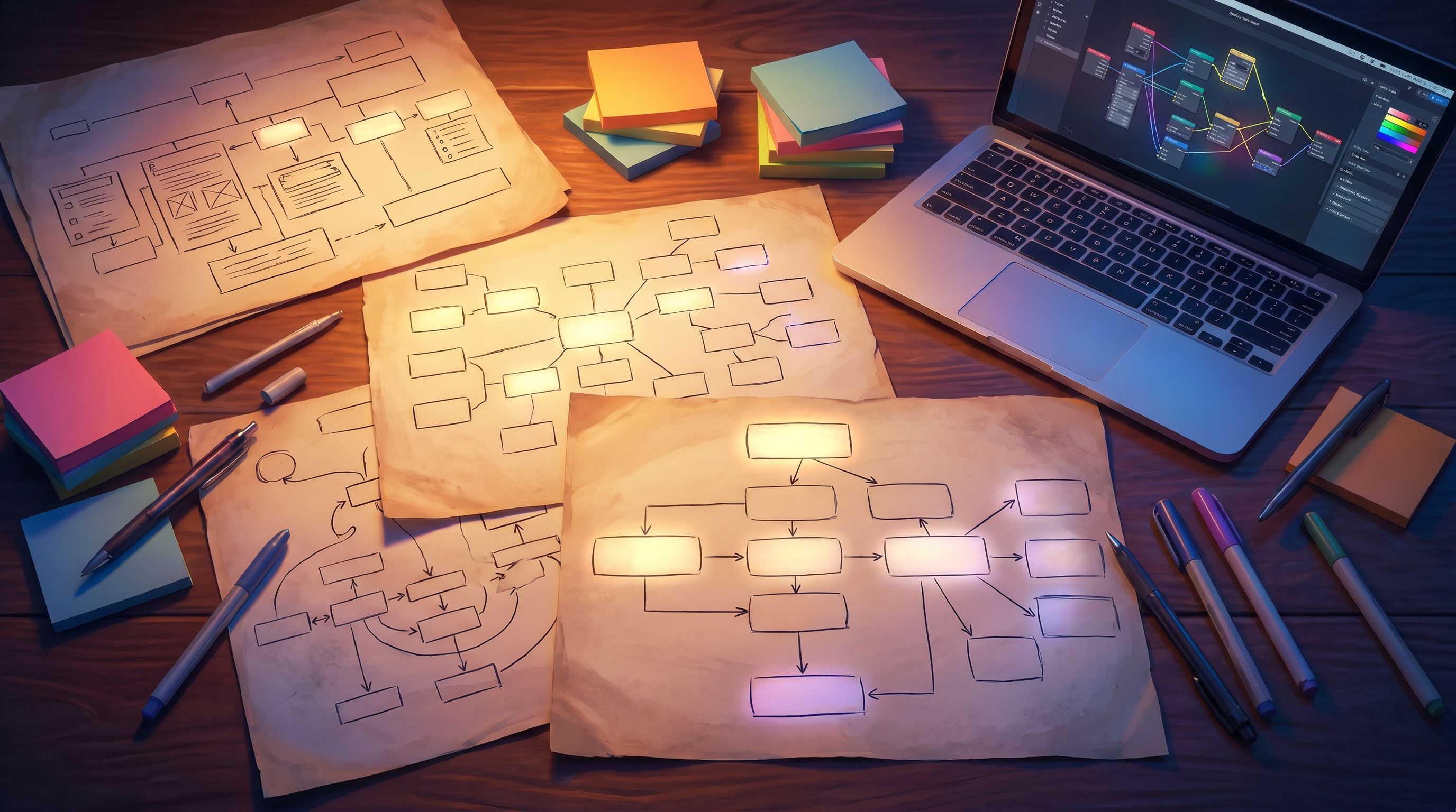 Overhead view of a journalist’s desk where printed story maps and branching flowcharts are spread ou