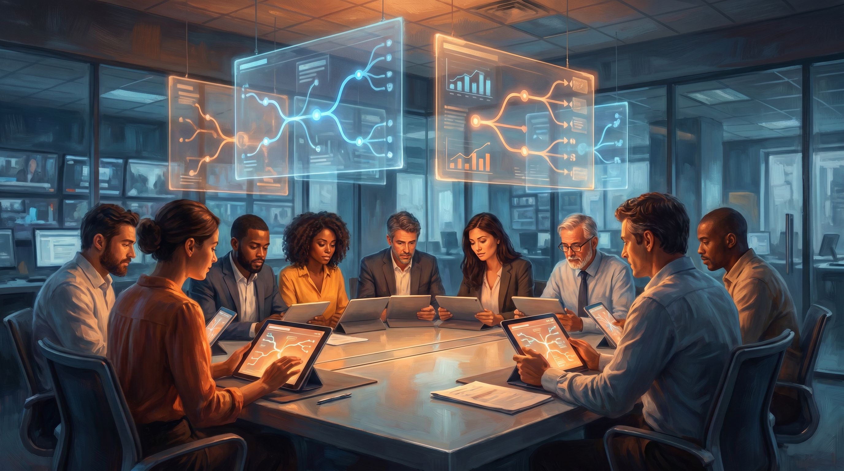 A diverse group of readers sitting around a large collaborative table in a modern newsroom, each wit