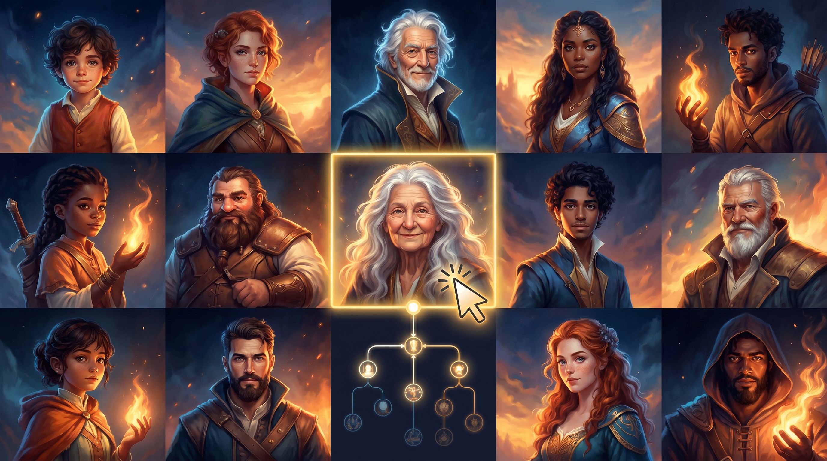 Grid of AI-generated character portraits showing diverse ages, races, genders, and body types, all i