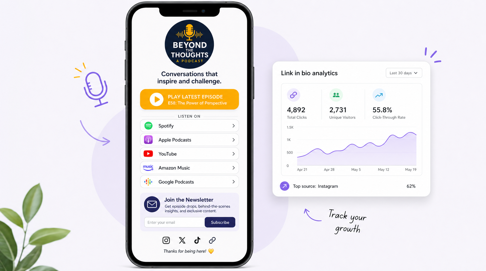 A smartphone showing a clean link-in-bio page for a podcast with a play-latest-episode button at the top, followed by neat buttons for listening platforms and a newsletter signup, and a small analytics chart floating beside it