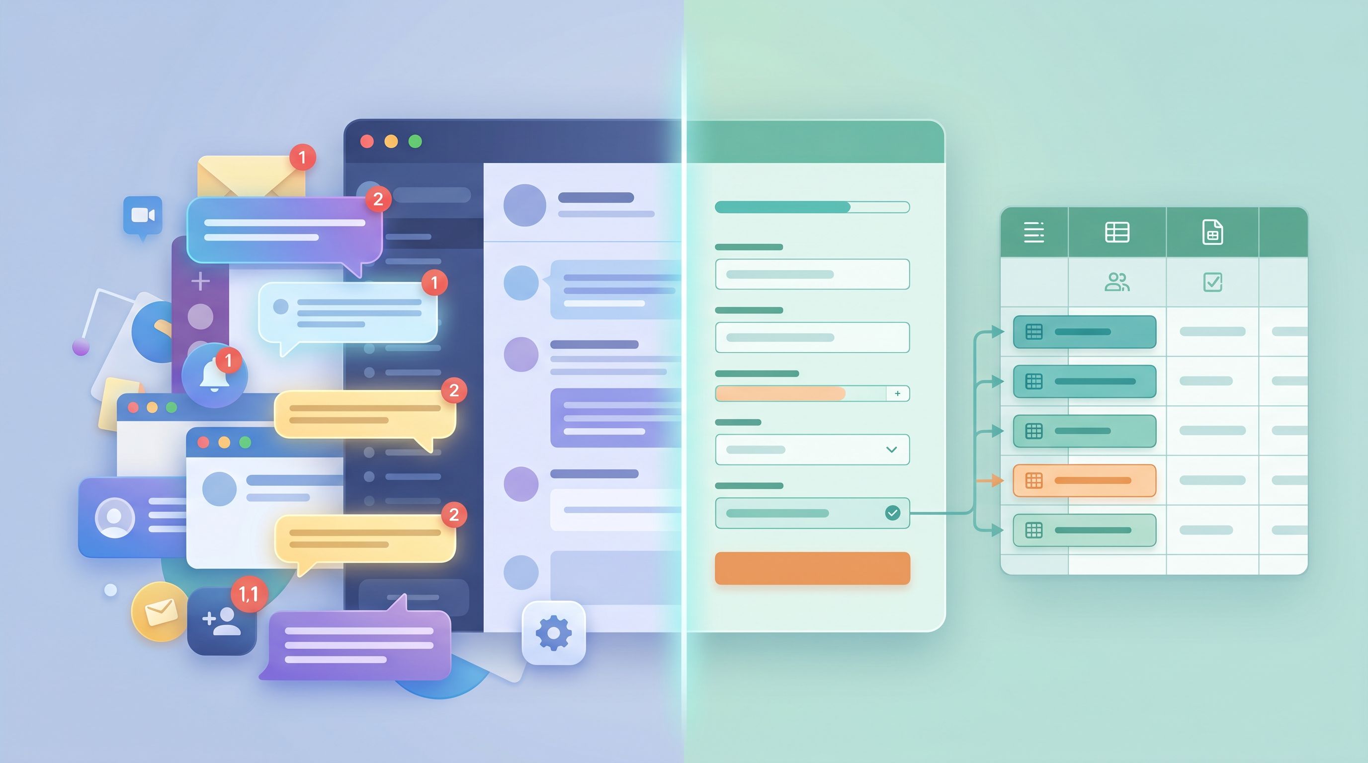 a split-screen illustration showing a chaotic Slack interface on the left filled with overlapping no