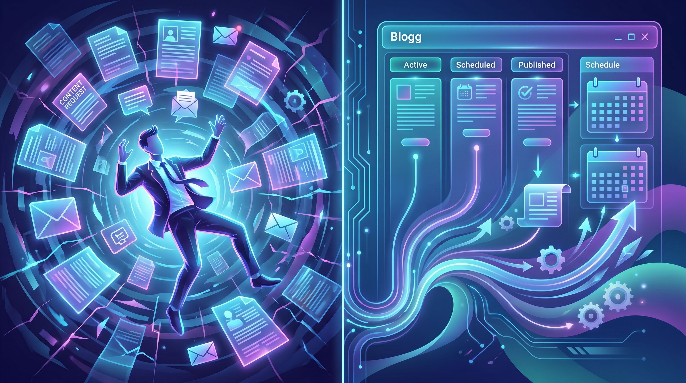 A split-screen style illustration showing on one side an overwhelmed marketer drowning in scattered